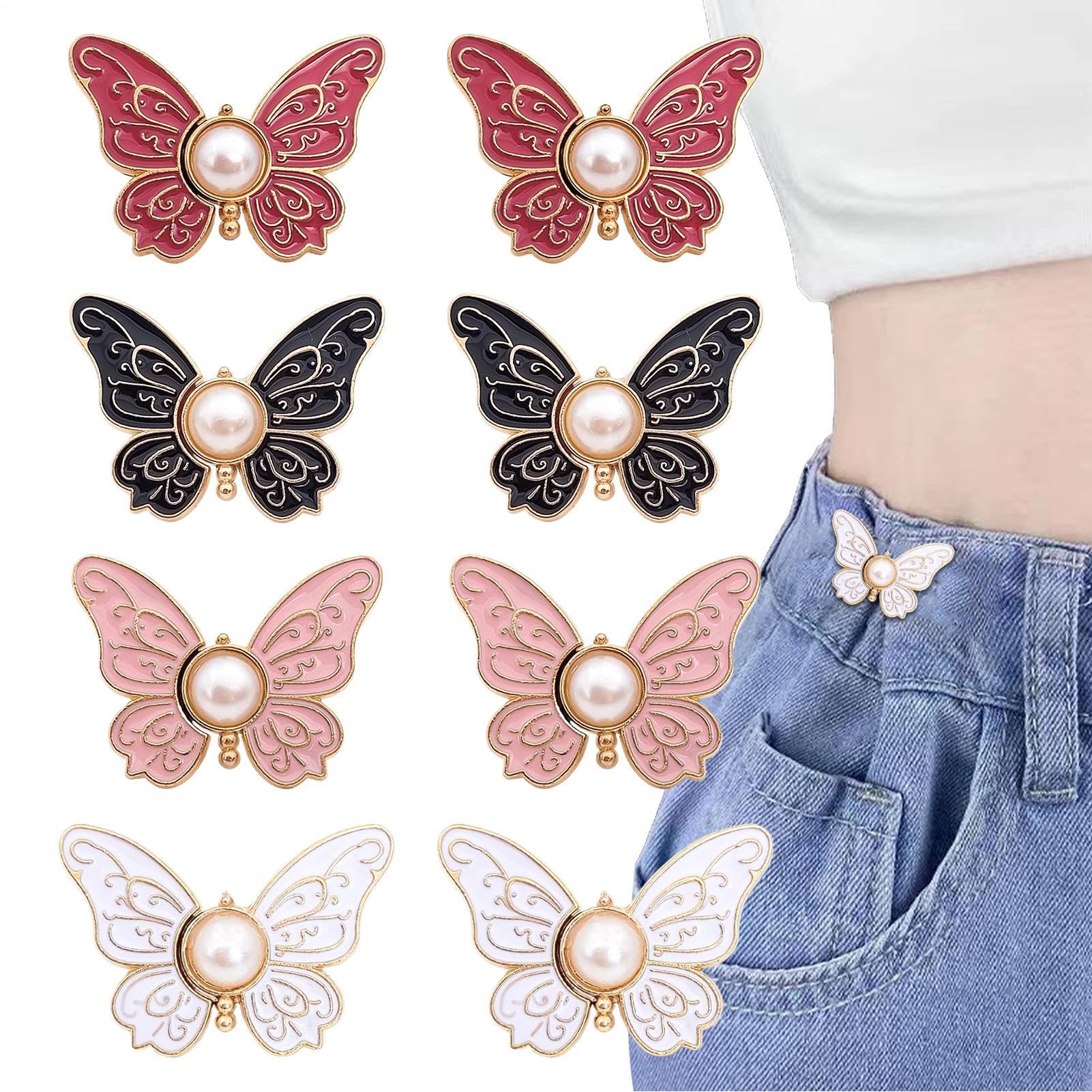 8 Pieces Butterfly Waist Buckle, Butterfly Pants Clips for Waist, Metal Jeans Button Pin, Adjustable Waist Buckle Extender, Detachable Button Pant Waist Tightener Clips, No Sewing Accessories