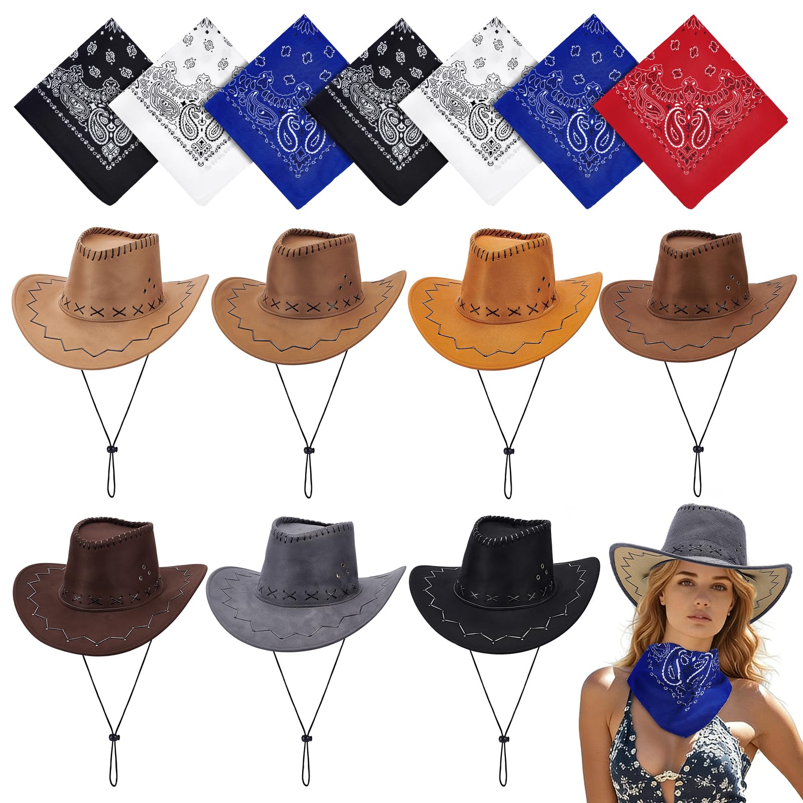 GLASSWINDS 14 Pcs Western Faux Felt Cowboy Hat & Bandana Bulk Set, Adult Unisex Women Men Costume Accessories, Vintage Rodeo Favors For Halloween Carnival Theme Cosplay Dress Up
