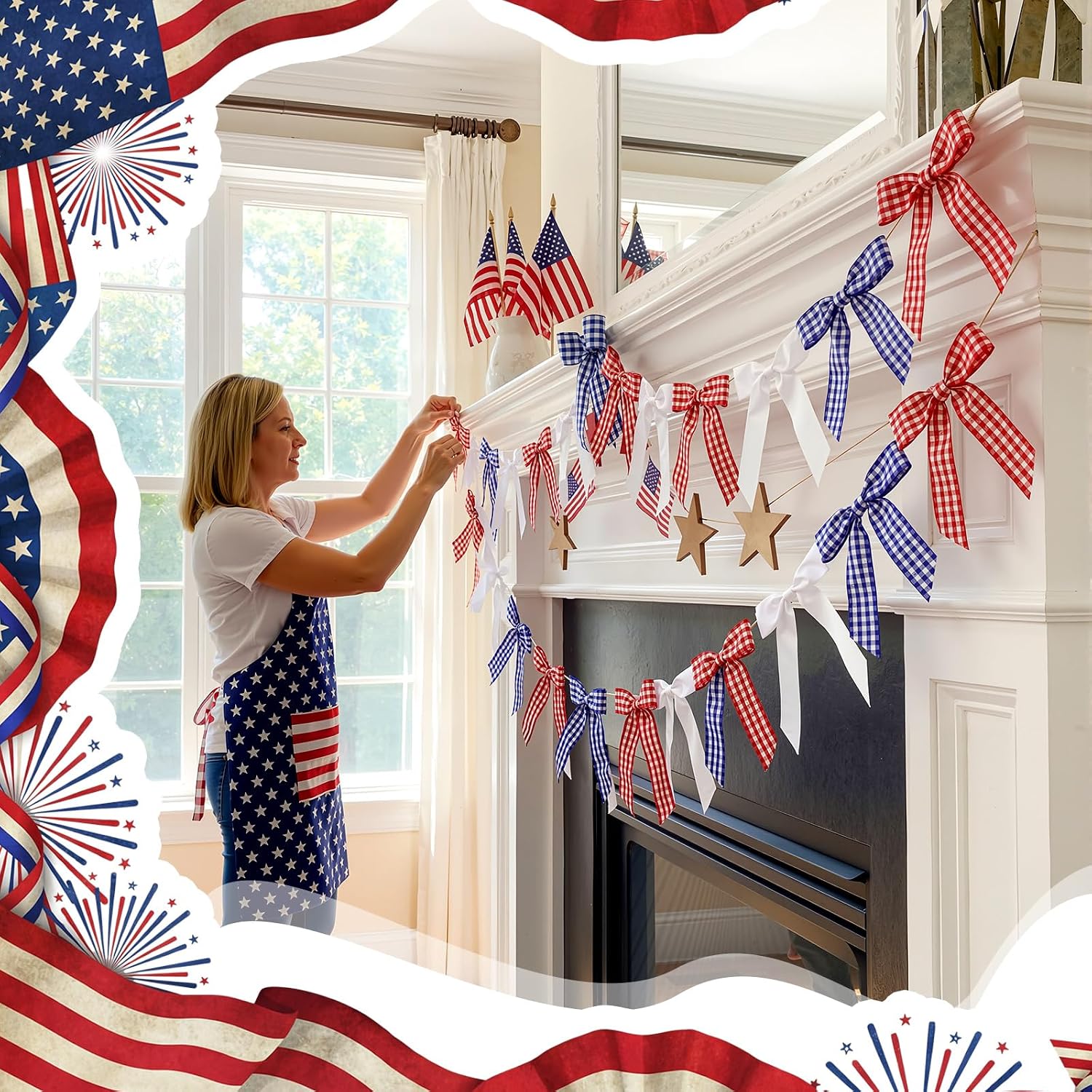 Riceshoot 2 Pcs 4th of July Bow Garland Banner, 6.6 ft Red White Blue Plaid Patriotic Bow Garland, 250th Anniversary Hanging Decoration for Independence Day Home Mantel Fireplace Wall Party Supplies