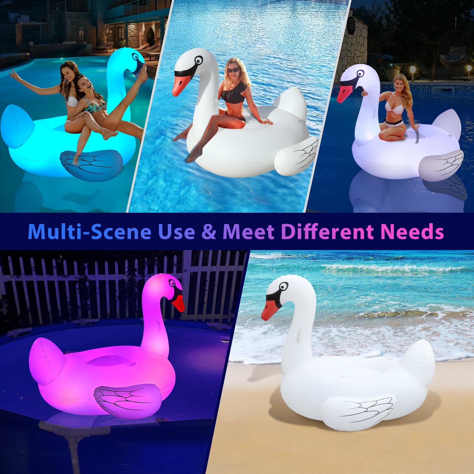 Flotteurs gonflables en forme de cygne avec lumières LED solaires pour adultes, bouées de natation gonflables, porte-gobelet, flotteurs de plage, lac, décoration de fête, relaxation, blanc