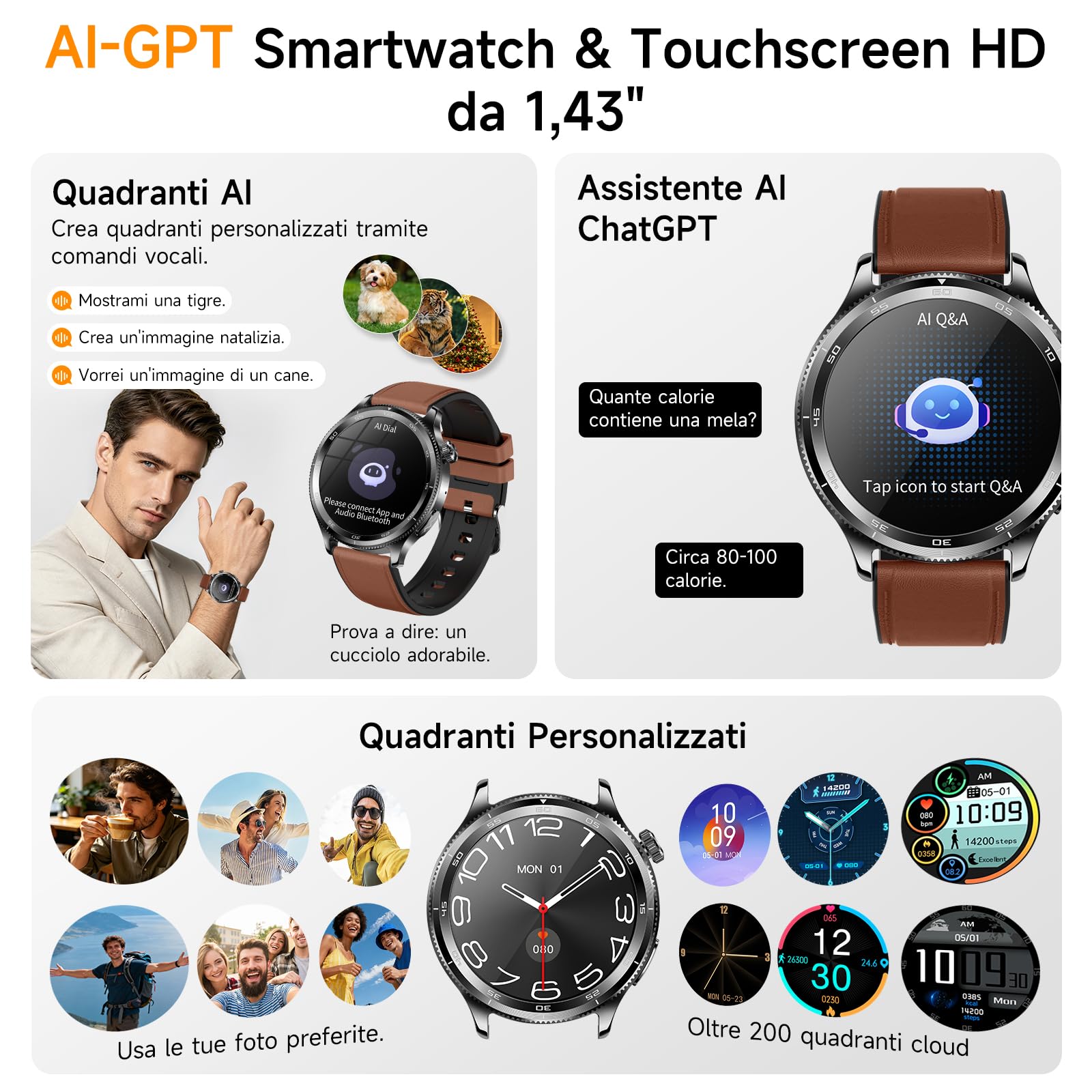 2026 Nuovo AI-GPT Smartwatch Uomo Con ECG/HRV/BMI/Pulsante SOS,Marrone | 24H Pressione Sanguigna/Temperatura/ SPO2/Cardiofrequenzimetro/Sonno, 1,43"AMOLED Salutare Orologio Fitness Con Telefono