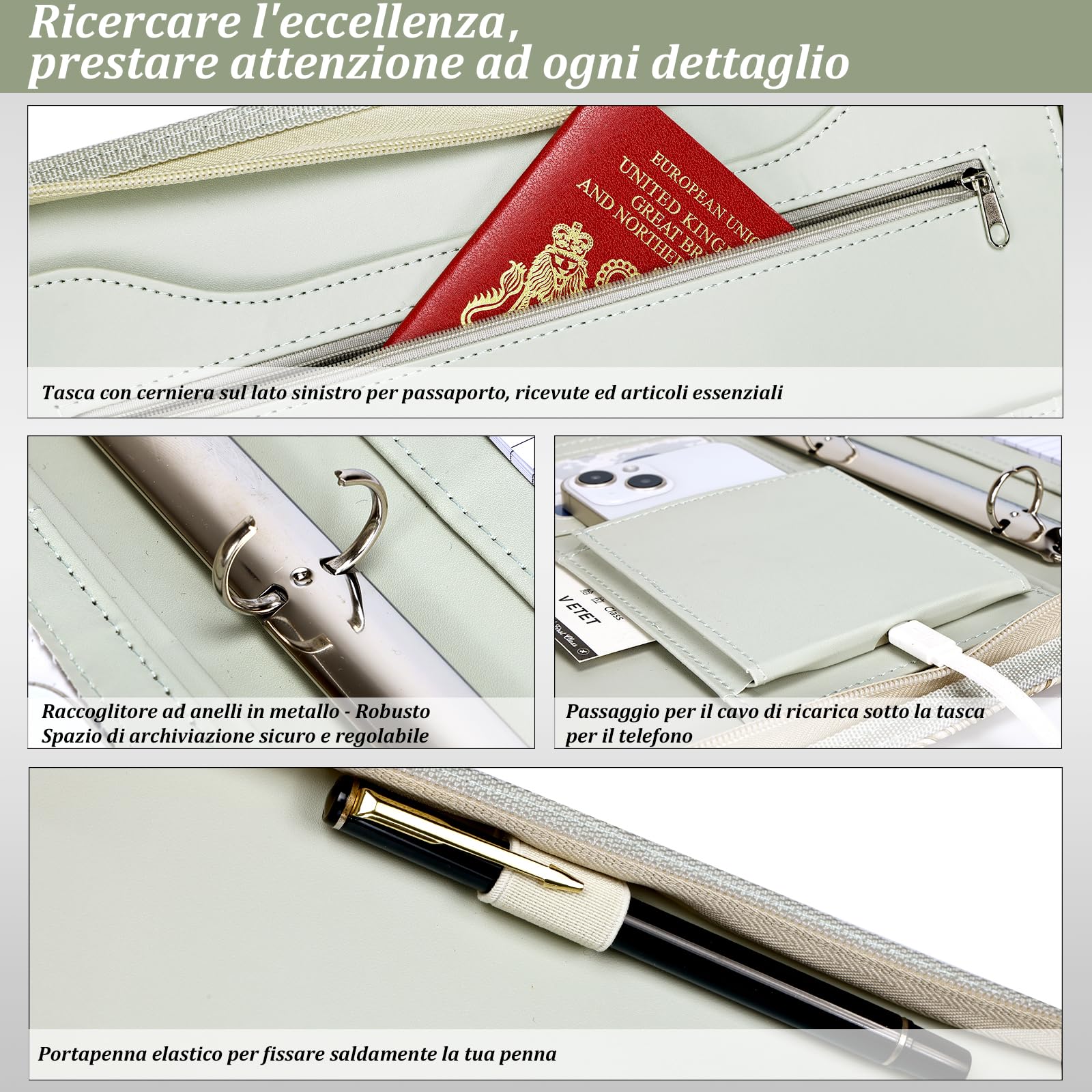Leathario Cartella Portadocumenti A4 con 10 Fogli Trasparenti, 3 Blocchi per Scrivere, Raccoglitore ad Anelli, Faldoni con Zip