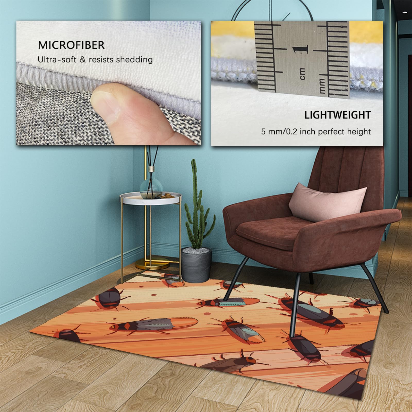 Tapis de Style Dessin animé 160x240cm - Texture de Sol en Bois avec des Motifs d’Animaux et d’Insectes Tapis Mince antidérapant à Poils Ras Lavable en Machine pour Porche