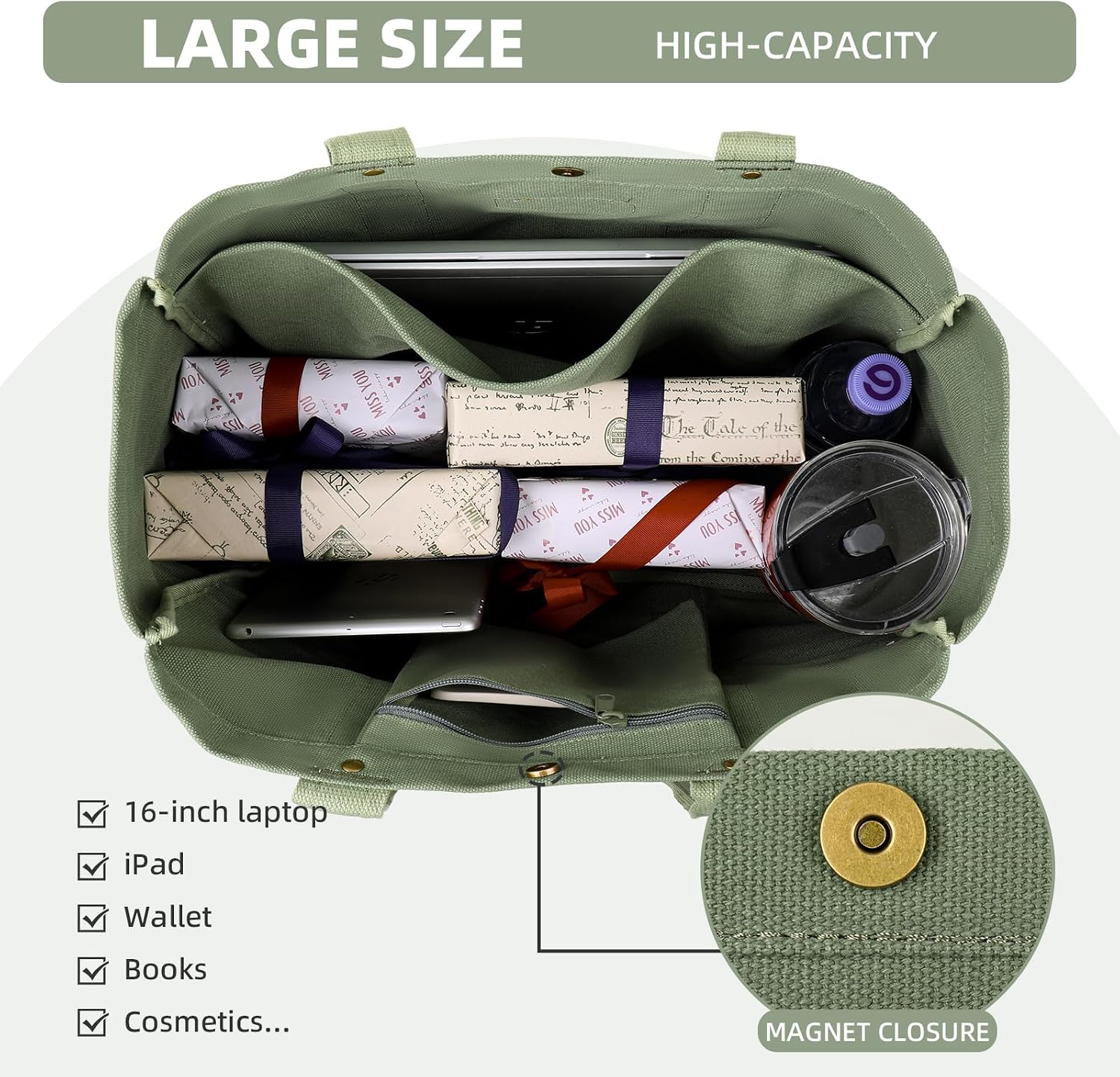 Heavy Duty Canvas Travel Tote Bag for Women, Large Reusable Grocery Shopping Bag with Reinforced Handles