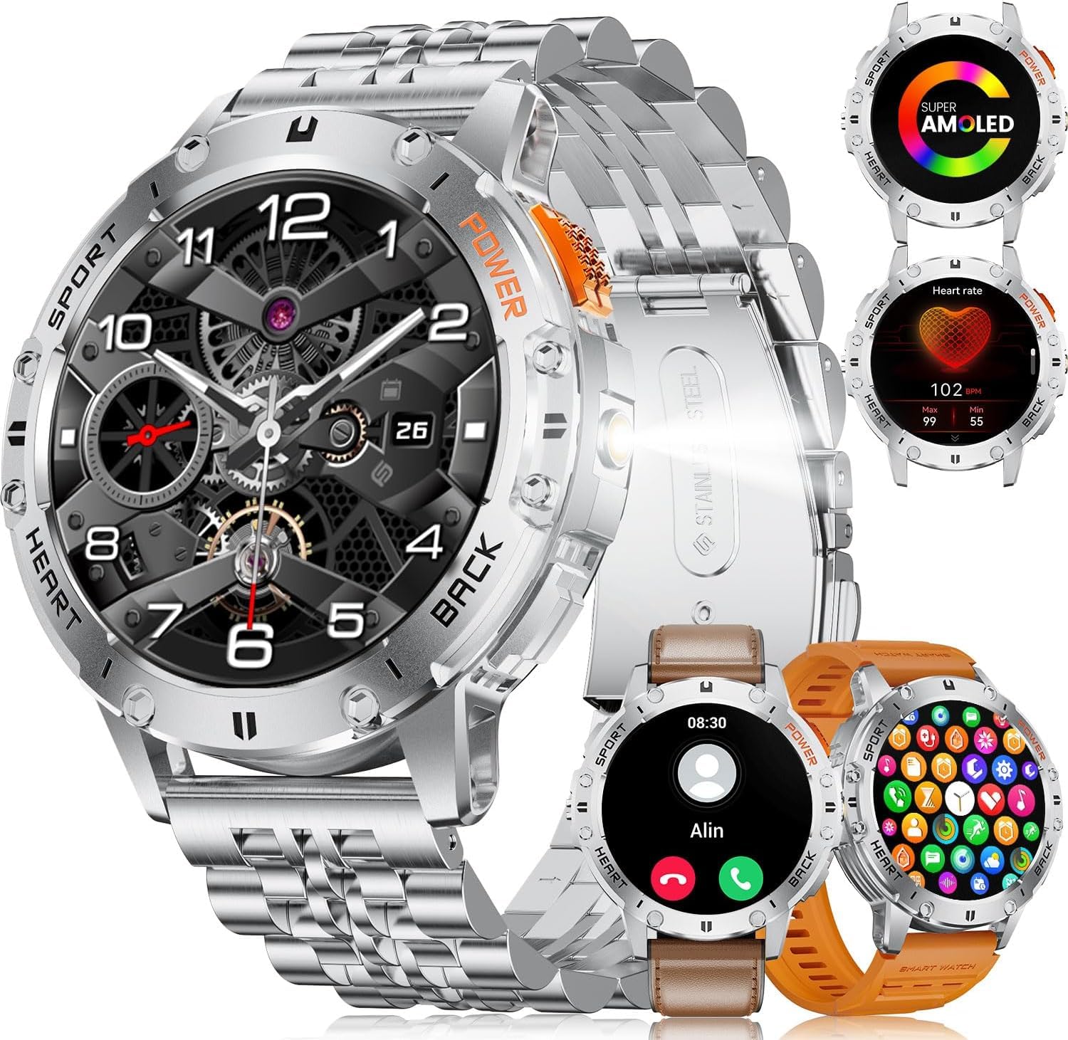 ESFOE Smartwatch Uomo, 1.43" AMOLED Smartwatch Militare Uomo Fitness con Chiamate Bluetooth Orologio Intelligente Impermeabile 5ATM/120 Modalità Sportive/530mAh/Torcia/Cardiofrequenzimetro, Argento