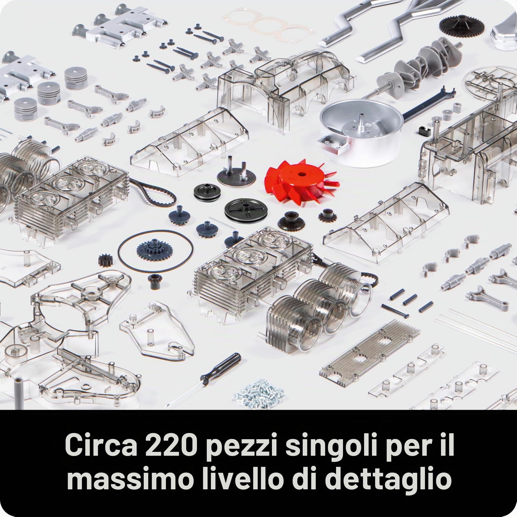 Franzis 67224 - Motore da Boxe Porsche 911, Kit da 290 Pezzi, Modello Funzionale Trasparente, Albero Motore Mobile, Pistoni e valvole, con Motore a 6 cilindri raffreddato ad Aria