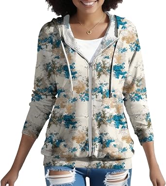 Womens Full Zip Up Lightweight Hoodie Trendy Novelty Graphic Jackets Long Sleeve Fall Slim Fit Drawstring Hoodie Casual Outdoor Hooded Coat with Pockets,Khaki Blue,2XL