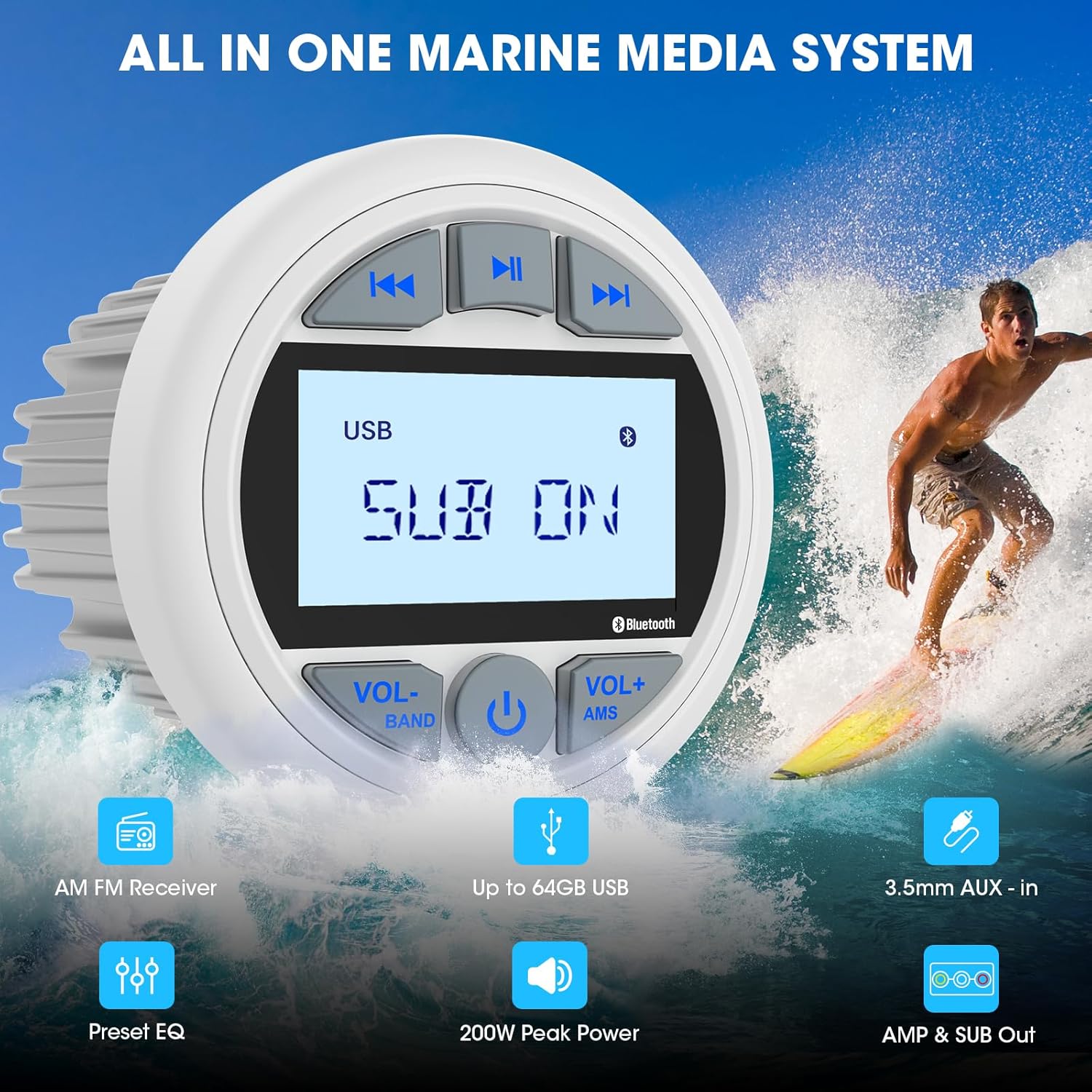 Marine Stereo with 6.5-Inch Speakers Package: Waterproof Bluetooth Boat Gauge Radio - LCD Display AUX USB MP3 Subwoofer AM FM Receiver for ATV UTV RZR Golf Cart