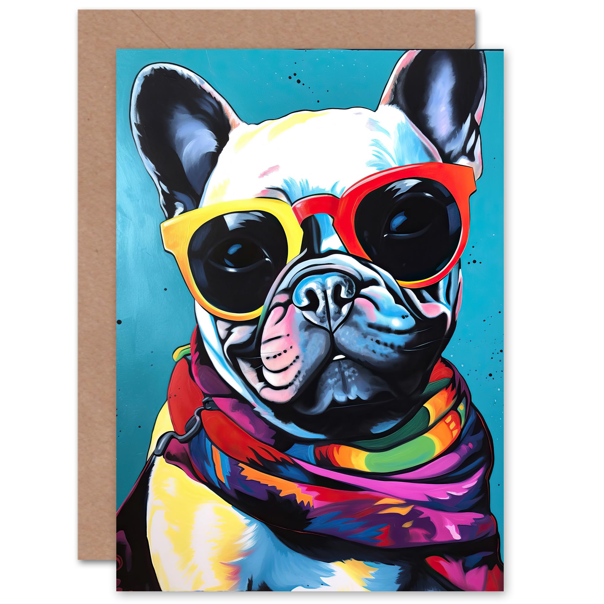 Artery8 Fun French Bulldog Folk Art for Husband Him Dad Son Brother Birthday Thank You Congratulations Blank Art Greeting Card