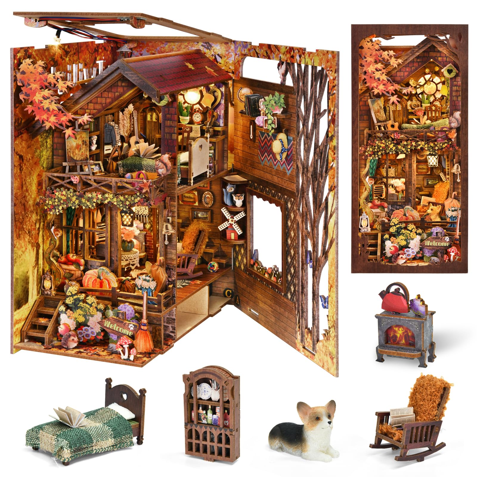 TOYQI Book Nook Kit for Adult, DIY Miniature Dollhouse Kit,Twilight Cottage | 3D Wooden Puzzle Booknook with LED Light, Diorama Building Bookshelf Decor, Autumn Maple Leaves, Ideal Gift for Christamas