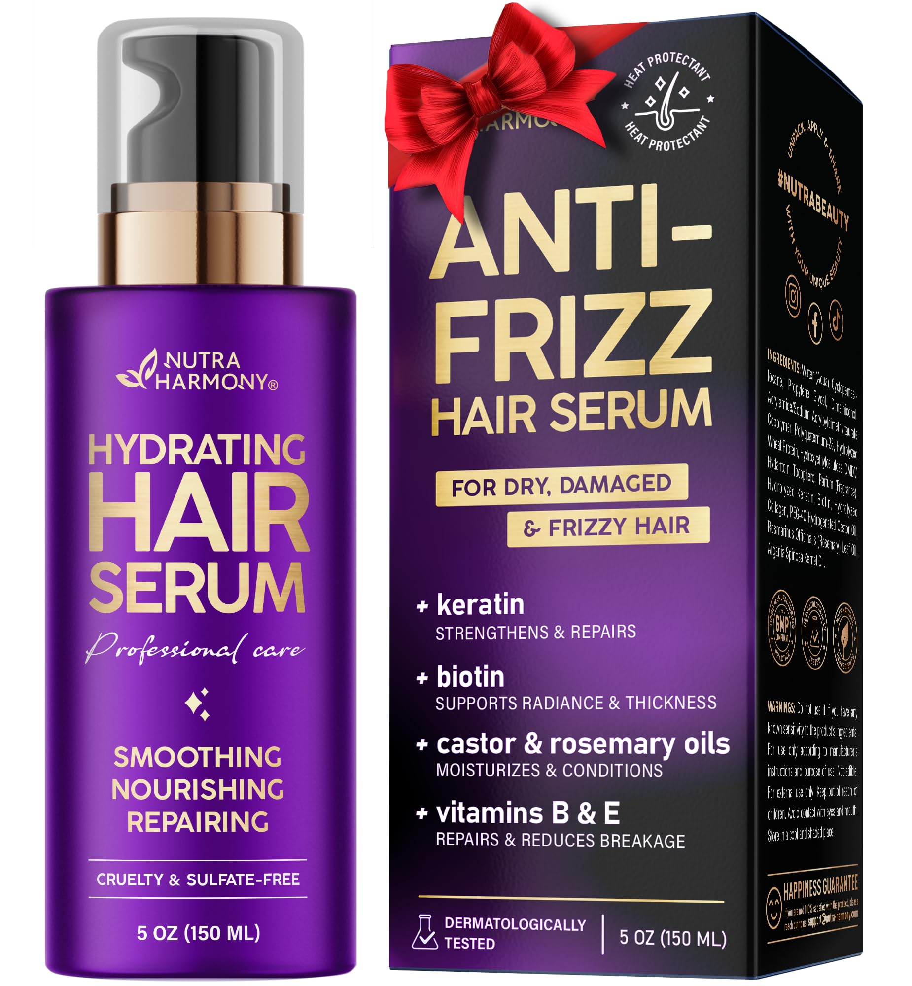 NUTRAHARMONY Hydrating Hair Serum – Keratin Hair Treatment for Dry, Frizzy, Damaged Hair – Biotin, Castor & Rosemary Oils – Anti‑Frizz, Heat Protectant & Split Ends Repair for Smooth, Shiny Hair, 5oz