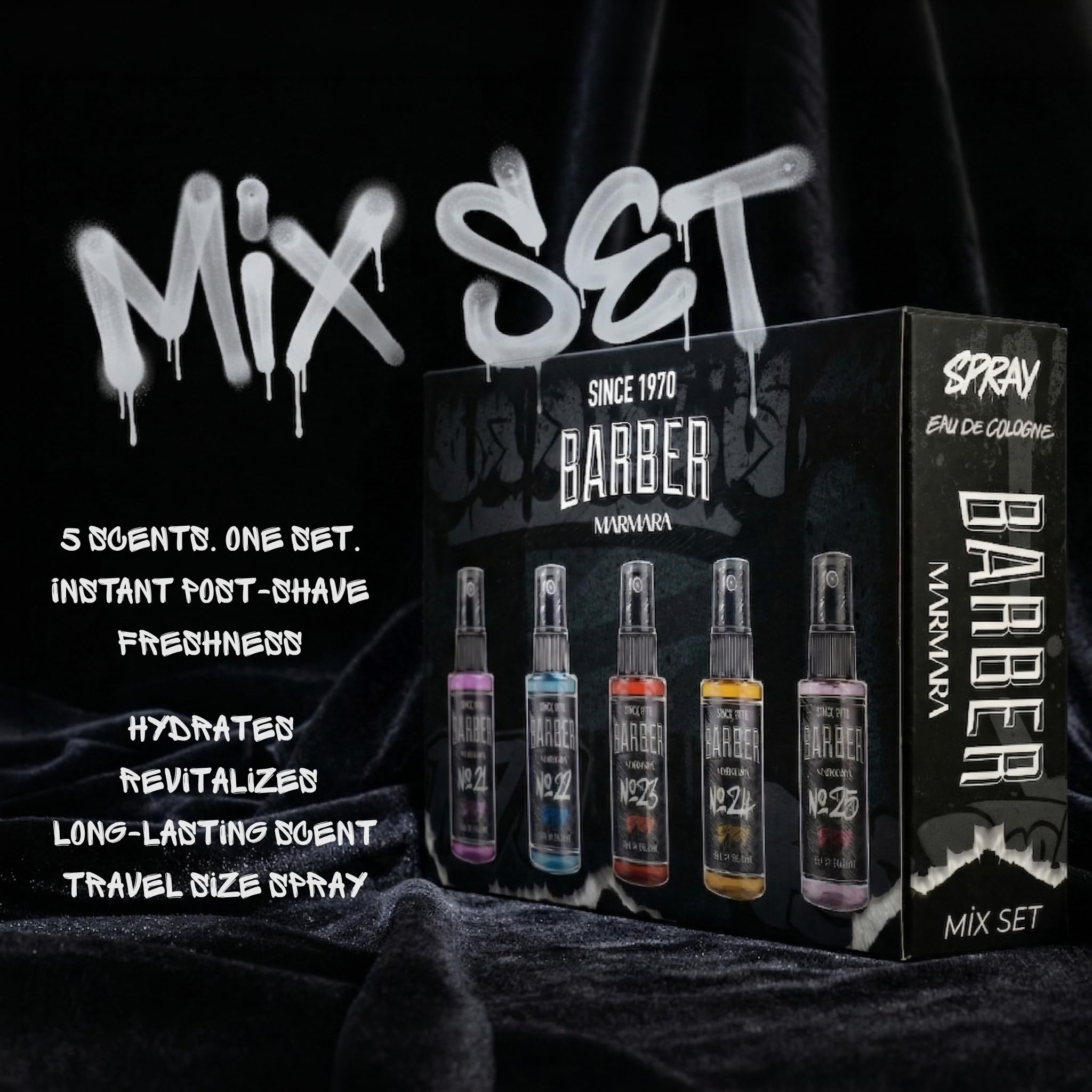 Barber Marmara Graffiti Mix Eau de Cologne Gift Set for Men 5 x 50ml | Mini Turkish Barbershop Aftershave Sprays with Fresh Woody Citrus Scents. Long Lasting Travel Size Fragrances.