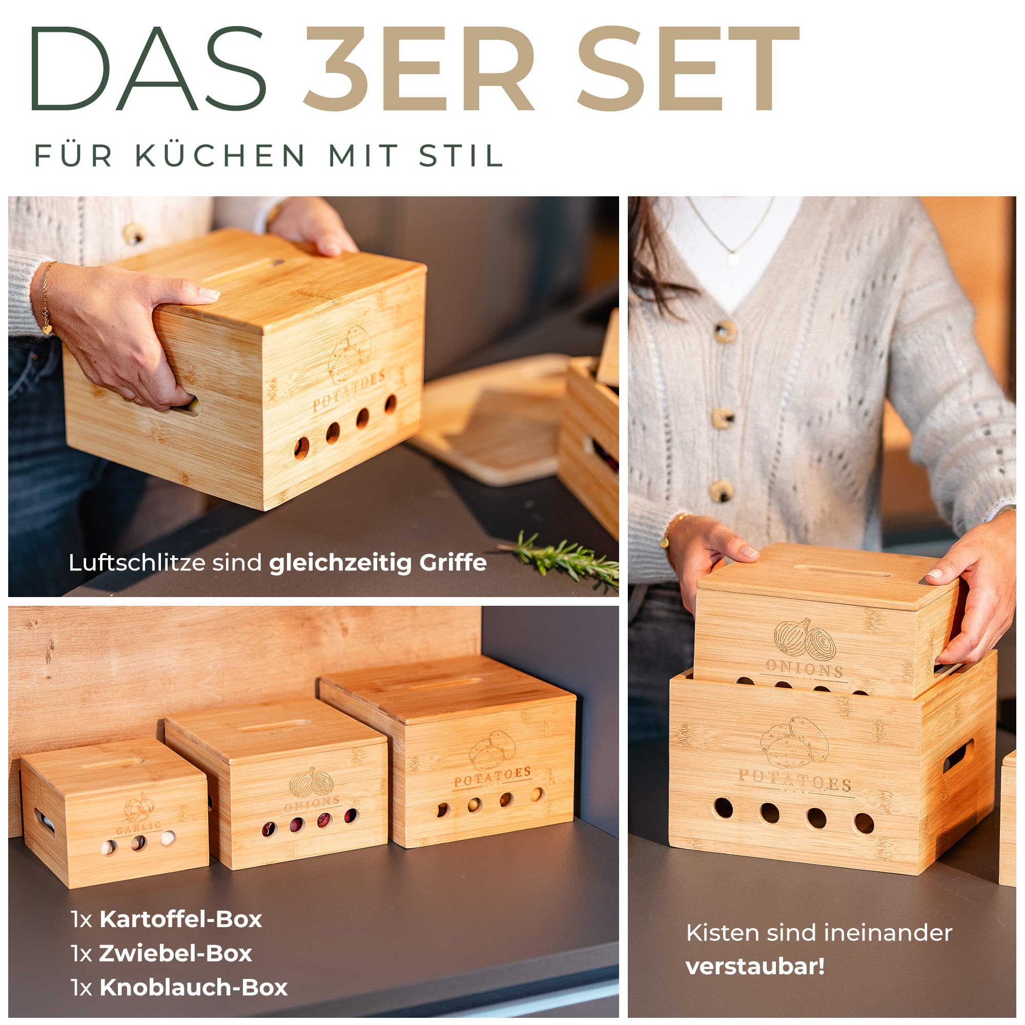 Premium Kartoffel Aufbewahrungsbox [3er Set] – Längerfrische Kartoffel Aufbewahrung, Knoblauch und Zwiebel Aufbewahrung – Bambus Holz Kartoffelbox, Zwiebeltopf, Knoblauchtopf