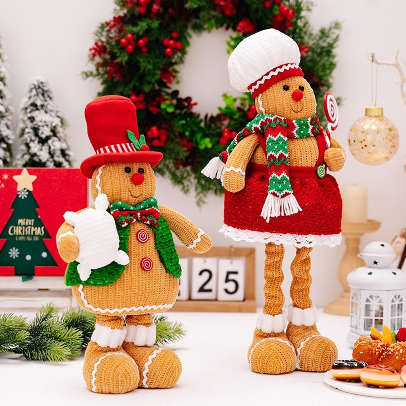 2 muñecos de peluche de Navidad con diseño de panes de jengibre, decoración elegante de gnomos escalables, adorno de peluche