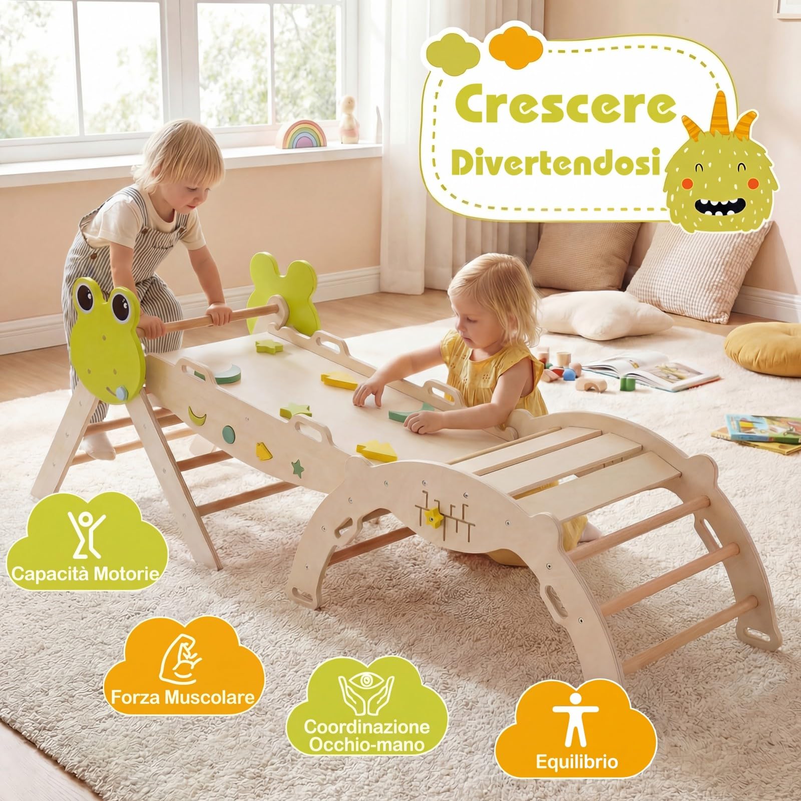 RELAX4LIFE Set da Arrampicata per Bambini, Triangolo di Arrampicata con Scivolo e Arco, Gioco di Incastri in Legno, Gioco Montessori per Bambini 1+ Anni