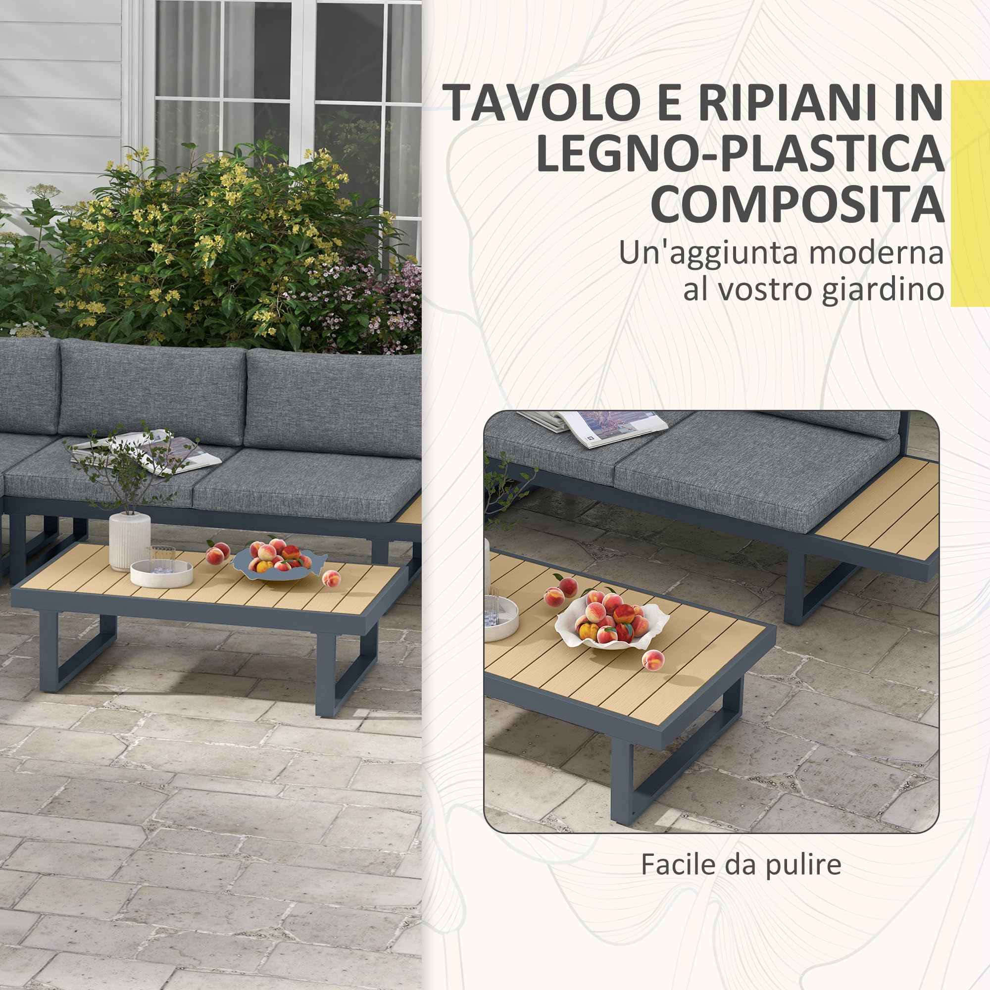 Outsunny Set da Giardino 4 Pezzi in Alluminio e Poliestere, Set da Esterno con 2 Divanetti 163x70x64 cm, Poltrona Angolare 70x70x64 cm e Tavolino da Caffè 102x60x30 cm, Grigio Scuro e Teak