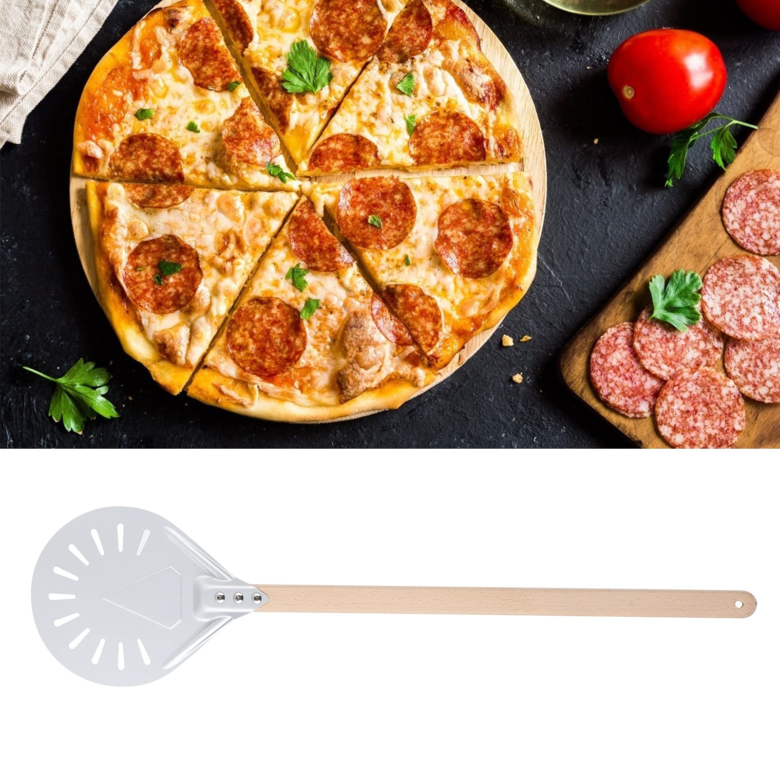 Pelle à Pizza en Aluminium Rond 8 Pouces, Manche en Bois 60cm,