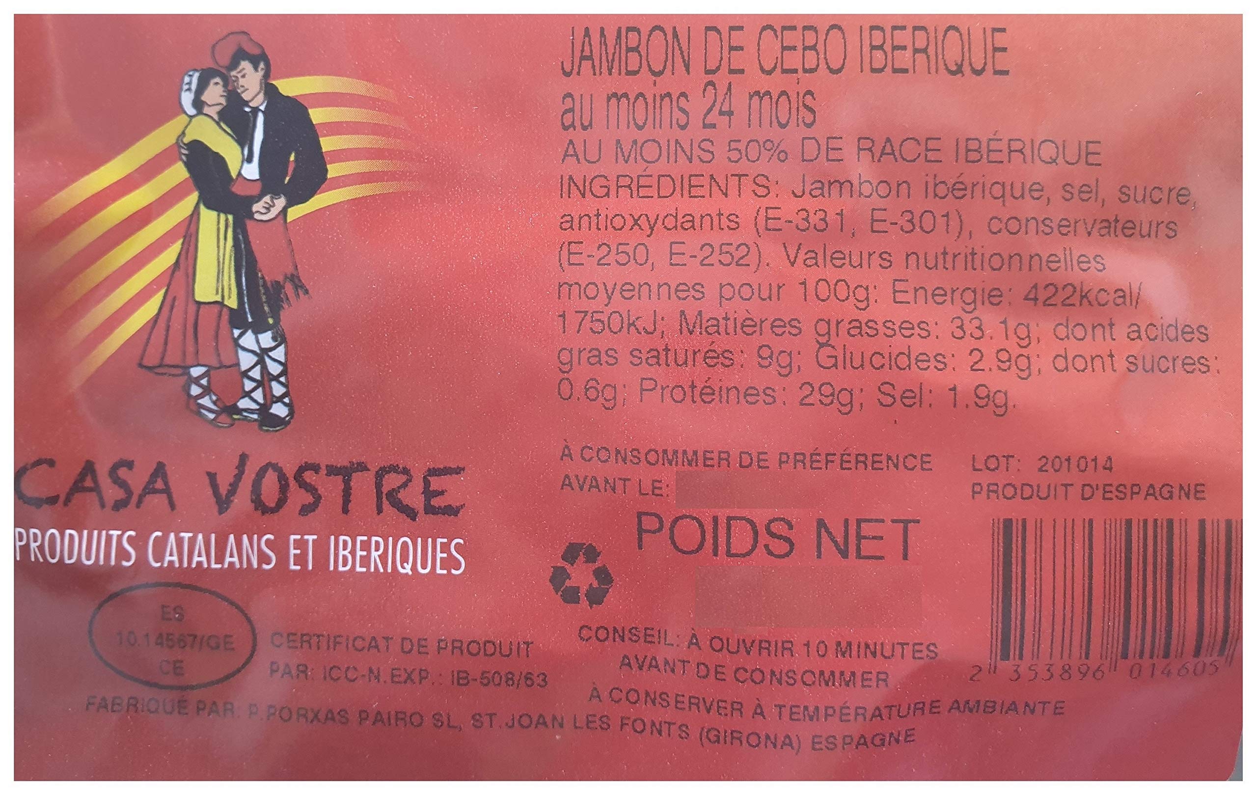 Jambon Ibérique Cébo, désossé, env.1,5 kg et son sac à jambon