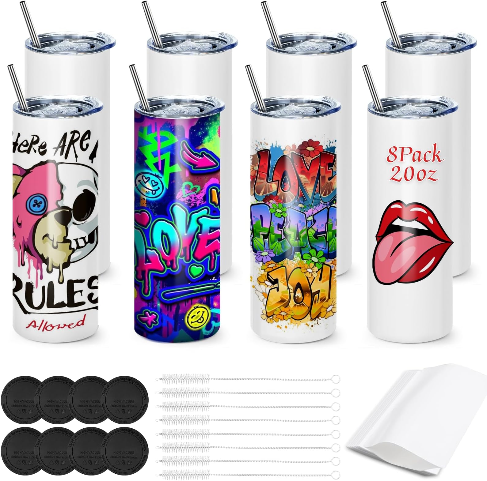 Sublimation Tumbler - Caffoltgo Set of 8 Stainless Steel Straight Cups 20 oz, White, Includes Lid and Straws, Individually Wrapped Retractable (8pcs)