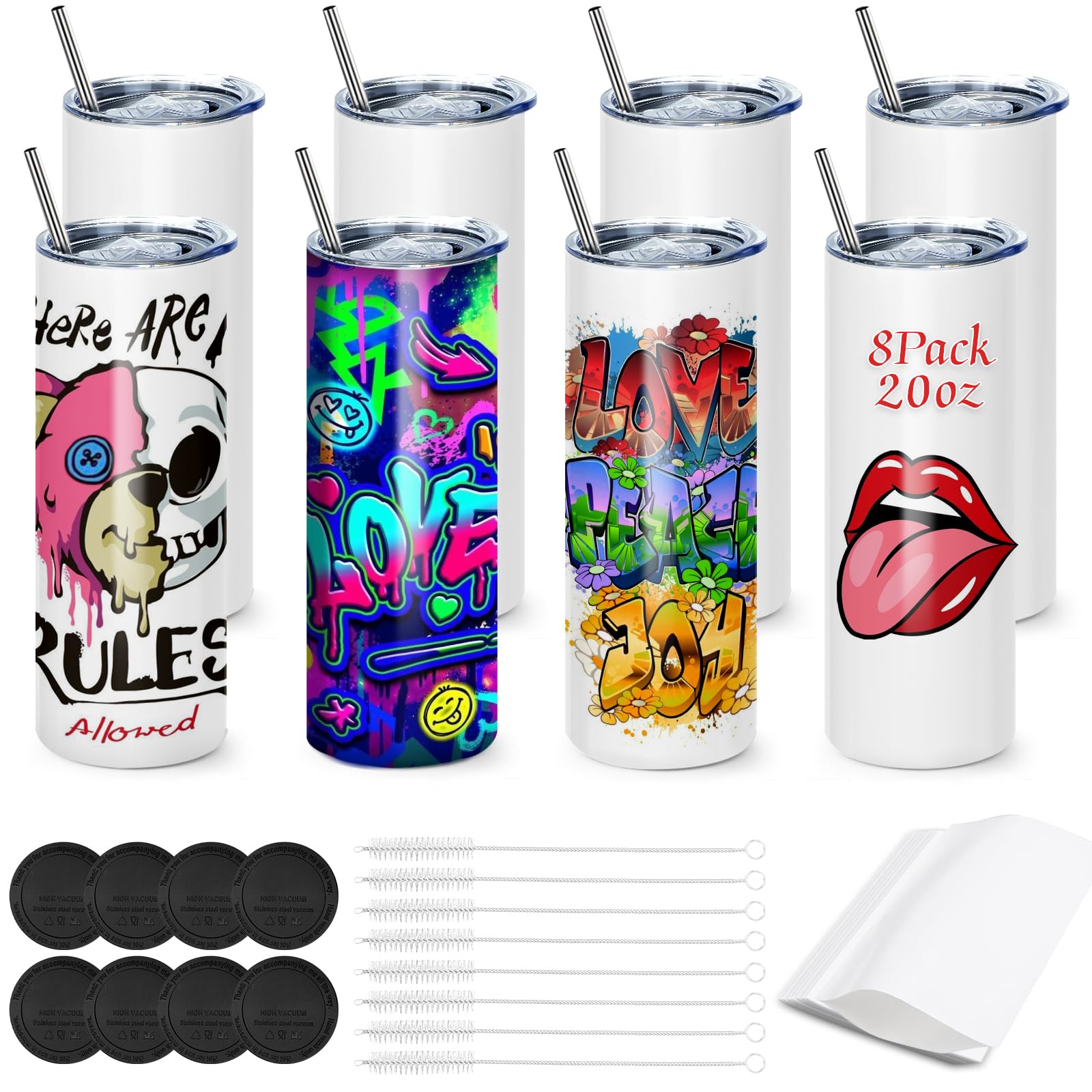 Sublimation Tumbler - Caffoltgo Set of 8 Stainless Steel Straight Cups 20 oz, White, Includes Lid and Straws, Individually Wrapped Retractable (8pcs)