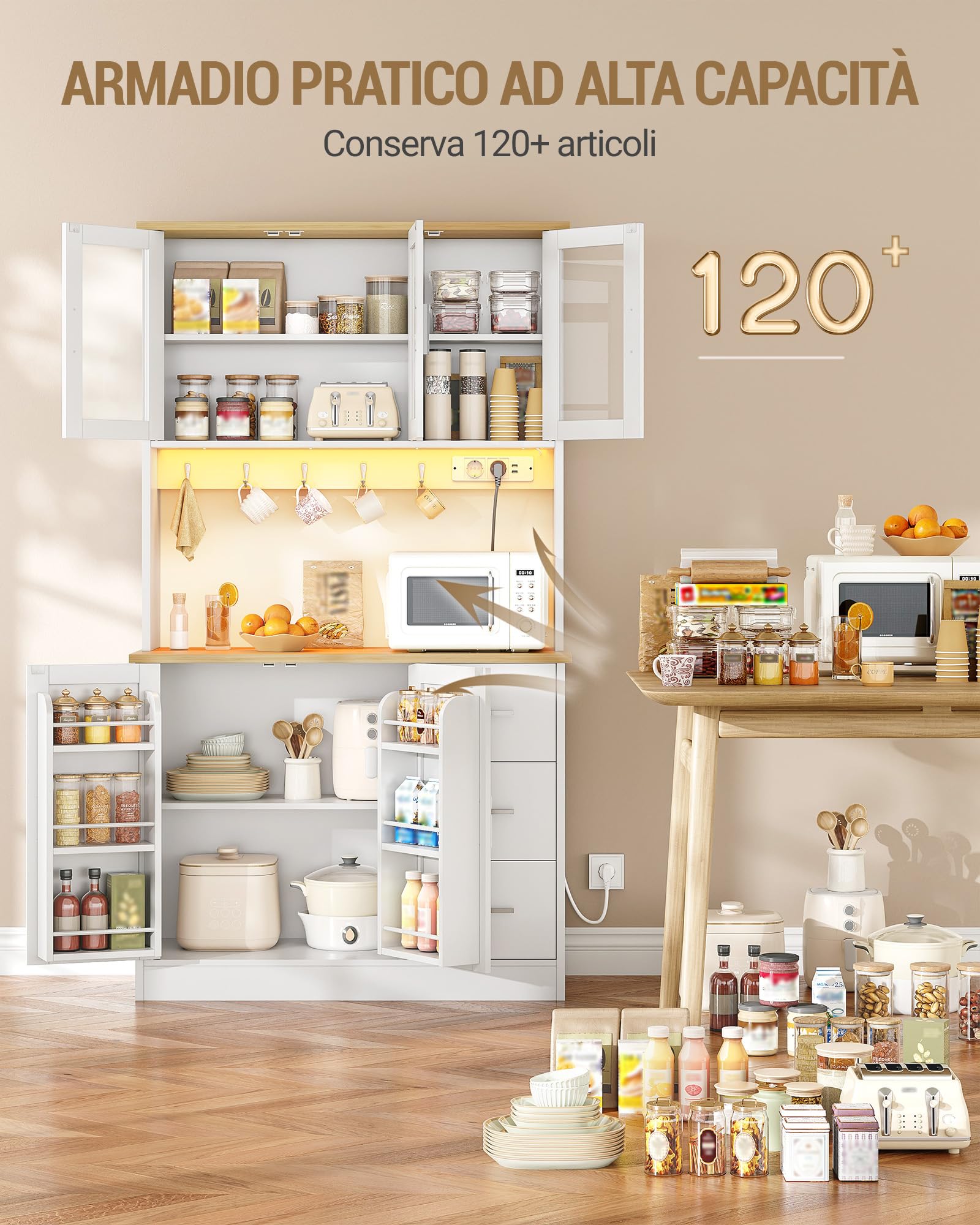Hzuaneri Credenza Cucina, con 6 livelli Ripiano posteriore della porta, 5 Ante e 3 Cassetti, Illuminazione LED Regolabile e Presa Multipla, Cucina, Soggiorno, 40x100x180cm, Bianco-Rovere PT10303XEU