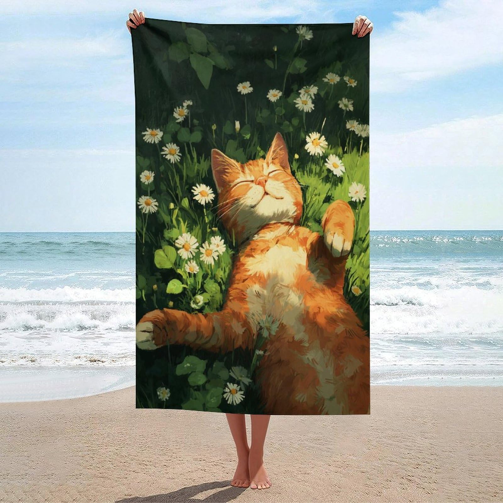 LSRCPD Cute Cat Lying Small White Daisies Beach Towel Sand Free Microfiber Large Shower Towels Multipurpose Absorbent for Bathroom Pool 130x80 CM