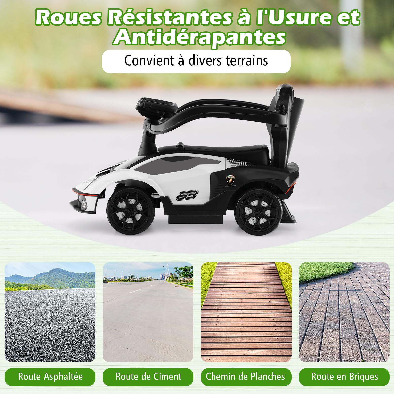 COSTWAY 3 en 1 Lamborghini Porteur Enfant avec Poignée Détachable, Voiture à Pousser Bébé avec Volant & Klaxon, Espace Caché & Repose-Pieds, Charge 25kg pour Enfants de 18-36 Mois