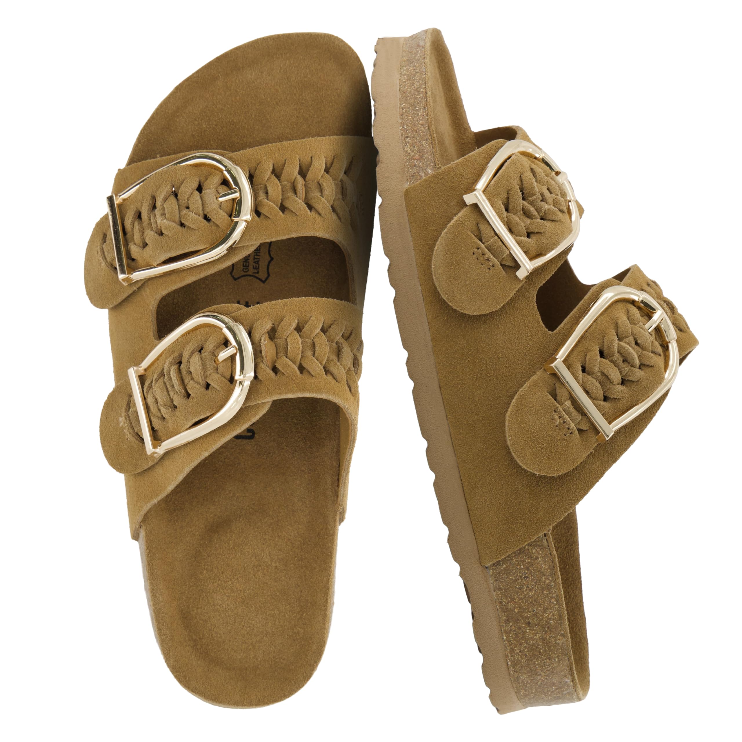 CUSHIONAIRE Cashew Slip On Genuine Suede Leather Womens Sandals - Braided Double-Strap Design with Adjustable Big Buckle Sandals for Women
