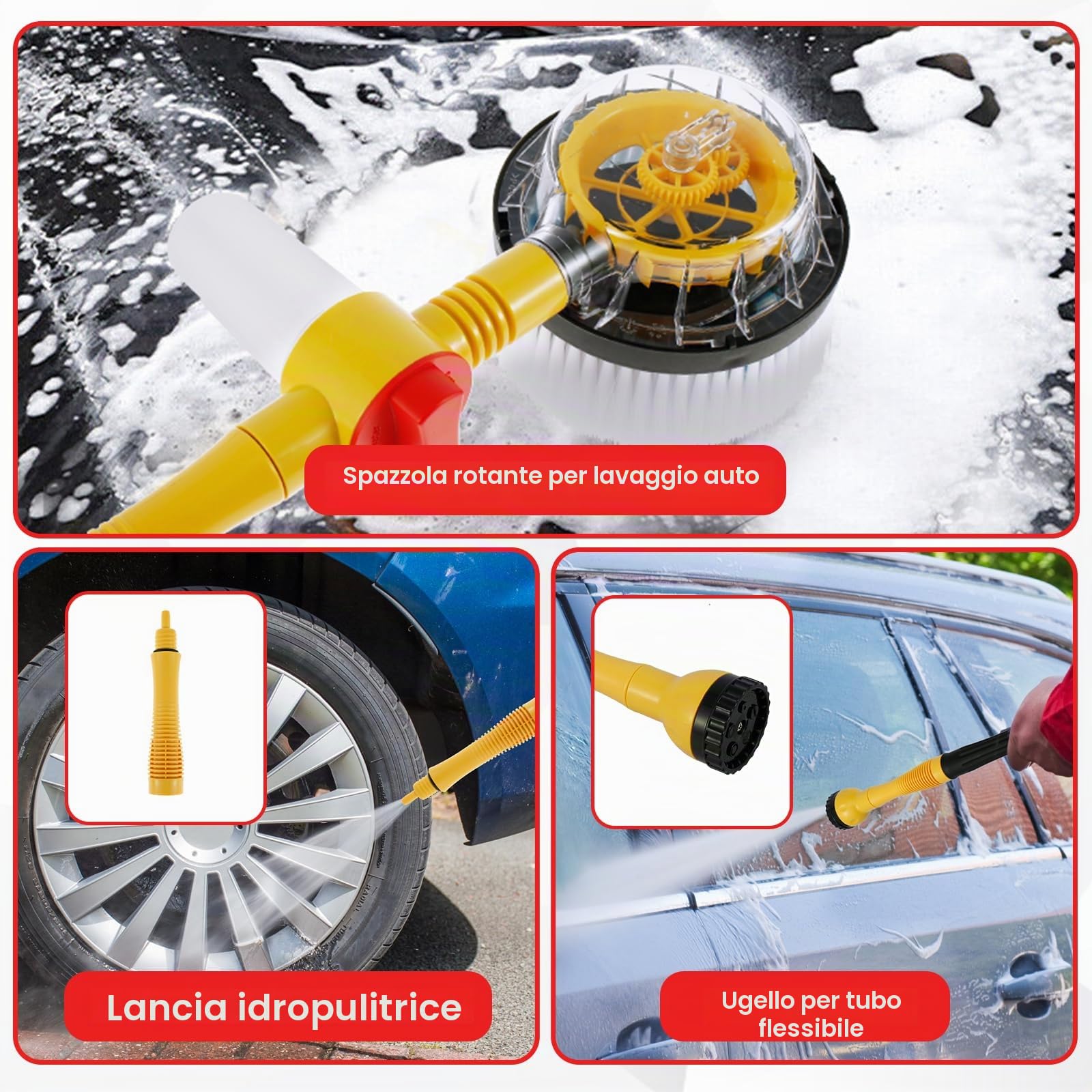 Spazzola rotante per lavaggio 100cm Spazzola per lavaggio auto con manico 360° Spazzola rotante per cura auto con serbatoio sapone Pistole ad acqua ad alta pressione Set spazzole per lavaggio auto per