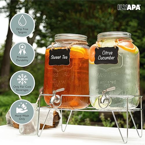 Miniatura 4 de Ilyapa Dispensador de bebidas de 2 galones, paquete de 2 con base de metal, grifo de acero inoxidable, dispensadores de bebidas para fiestas,