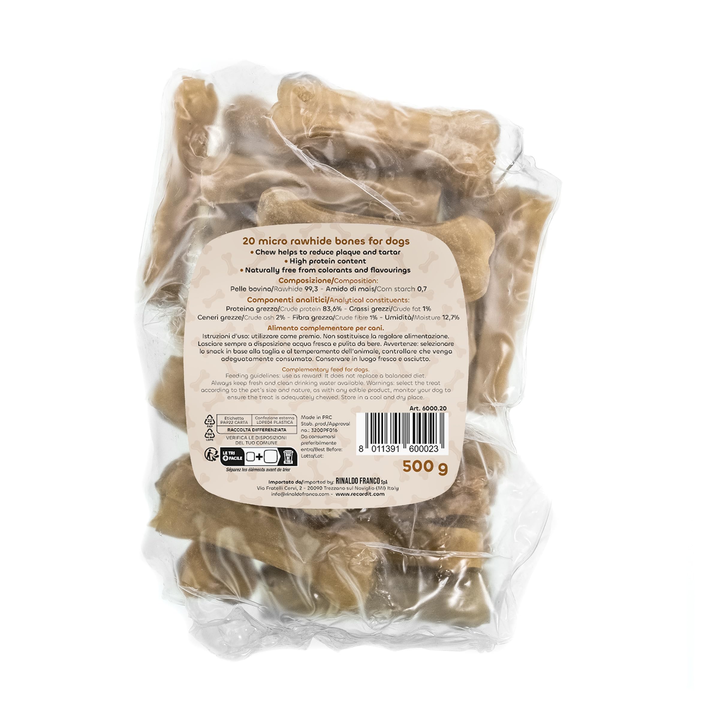 Snack per Cani in Pelle Bovina 20 Ossi Termoretratti da 8 cm Masticativi Naturali