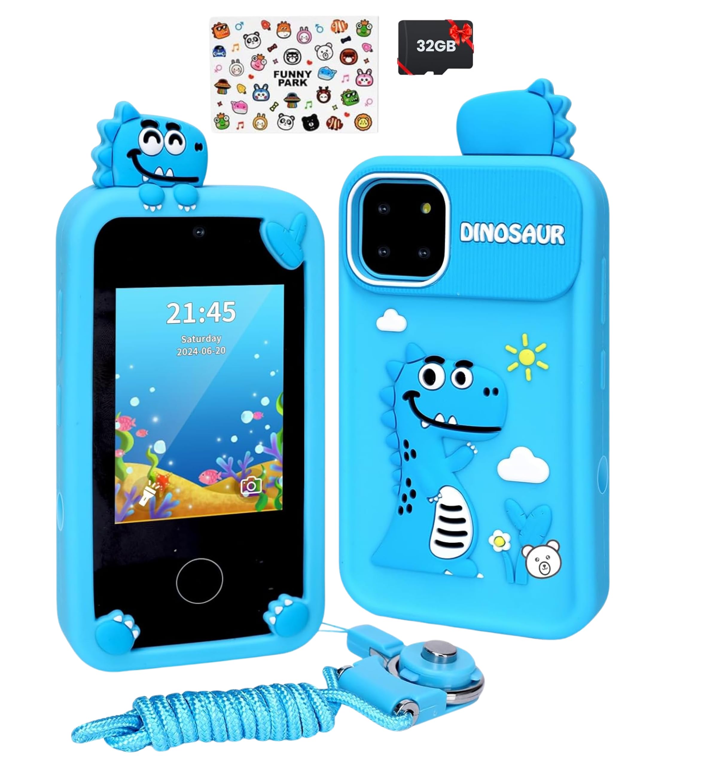 ARSH Kids Smart Phone Toy, 32GB TF Card Unicorn Design Kids Cell Phone Touchscreen Hologram Projection Kit Dual Camera Music Player Learning Apps Toddler Smart Mobile Phone for Kids Toy Mobile (Blue)