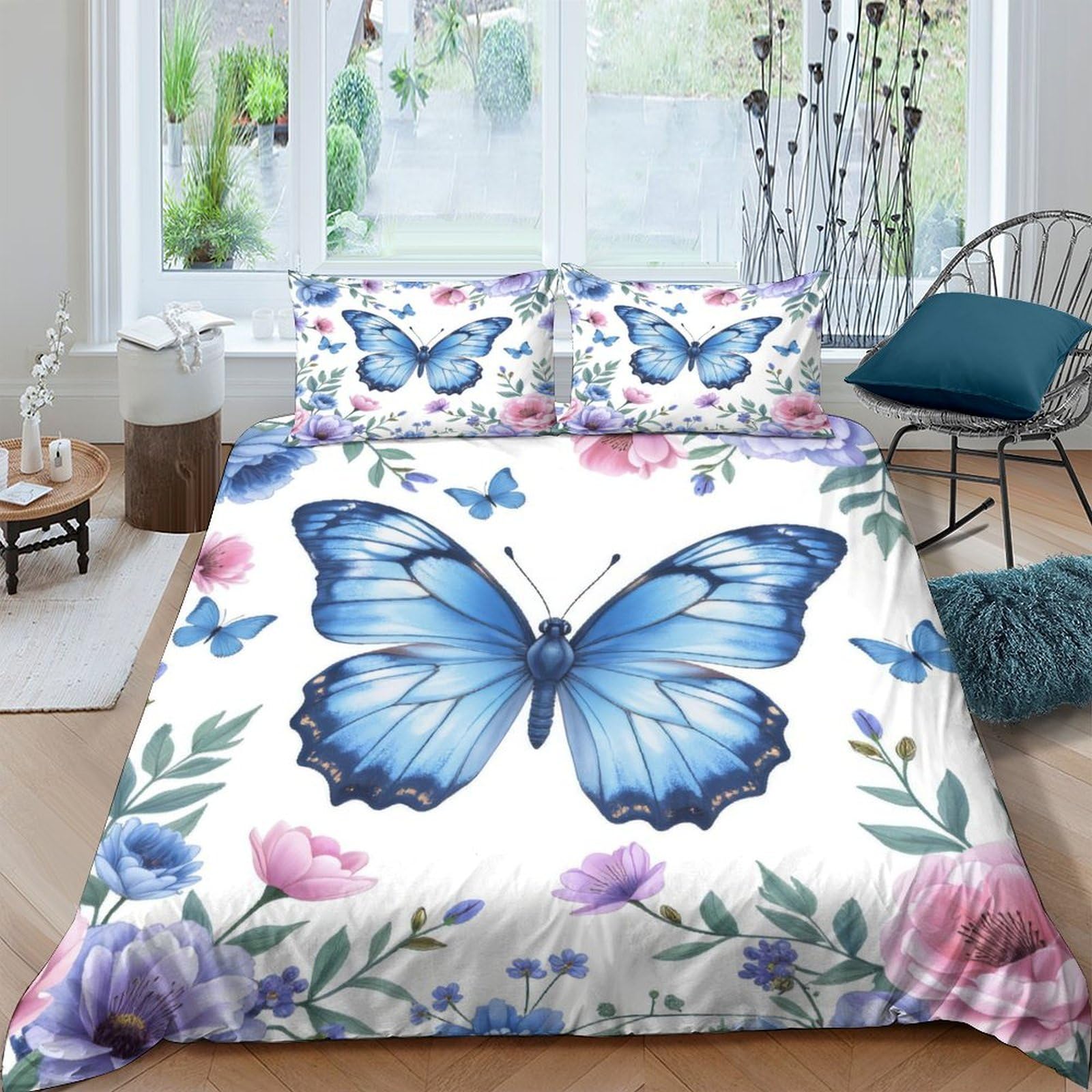 GPLZQXKJNH 3D Printed Blue Butterfly Duvet Cover Microfiber Soft Floral Bedding Set with 2 Pillowcases for Bedroom Decor Single（135x200cm）