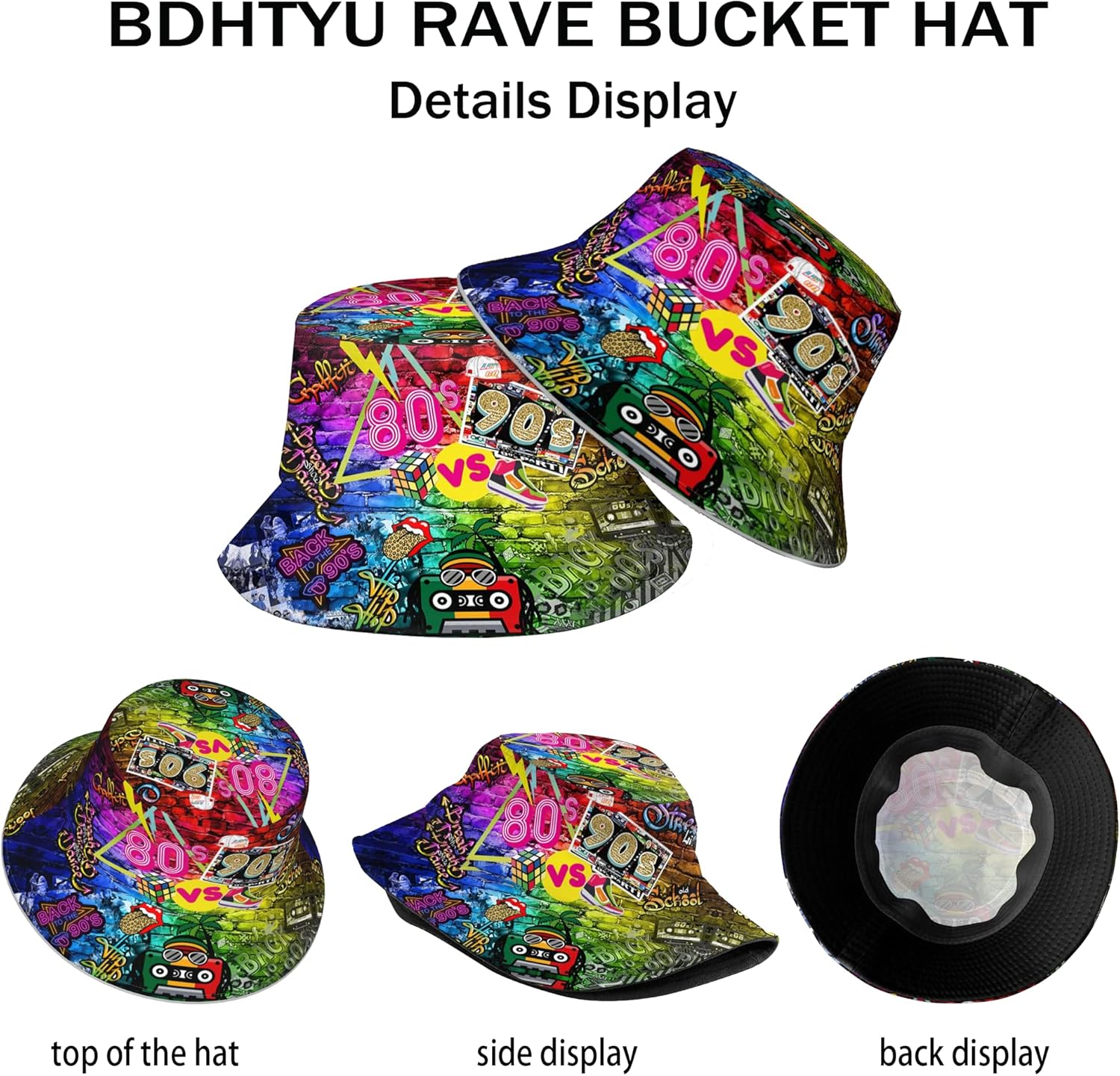 80s 90s Outfit for Women Men, 80s 90s Bucket Hats Fashion Sun Cap Packable Outdoor Rave Accessories Fisherman Hat for Women Men - Image 3