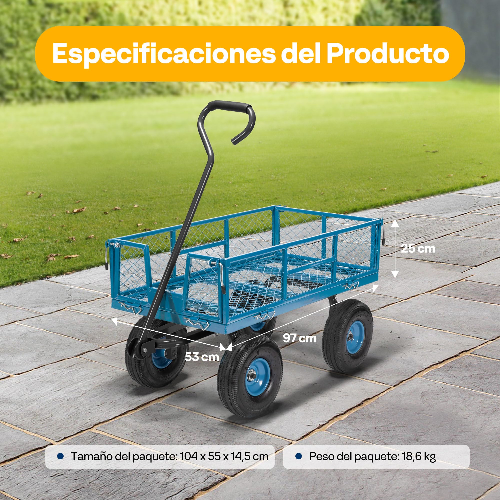 VIVOHOME Carro de Jardín hasta 400kg con Ruedas Neumáticas Grandes Laterales Desmontables, Carretilla de Mano Transporte con Manija Giratoria de 180° para Compra Camping Festival Azul