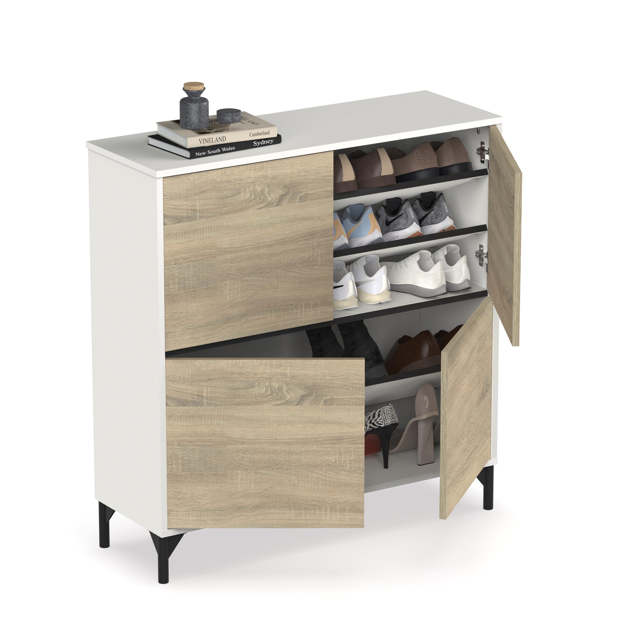 MUEBLES PITARCH | Recibidor Zapatero Mueble Auxiliar para Entrada con Patas, 4 Puertas, Blanco y Roble Cambrian, 20 Pares de Zapatos, Tallas Grandes, 101x96,5x33cm, Moderno, Industrial, Modelo Kioto