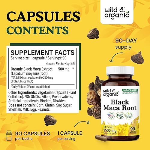 Miniatura 3 de Wild & Organic Cápsulas de raíz de maca negra, 90 unidades, suplemento de apoyo a la salud general
