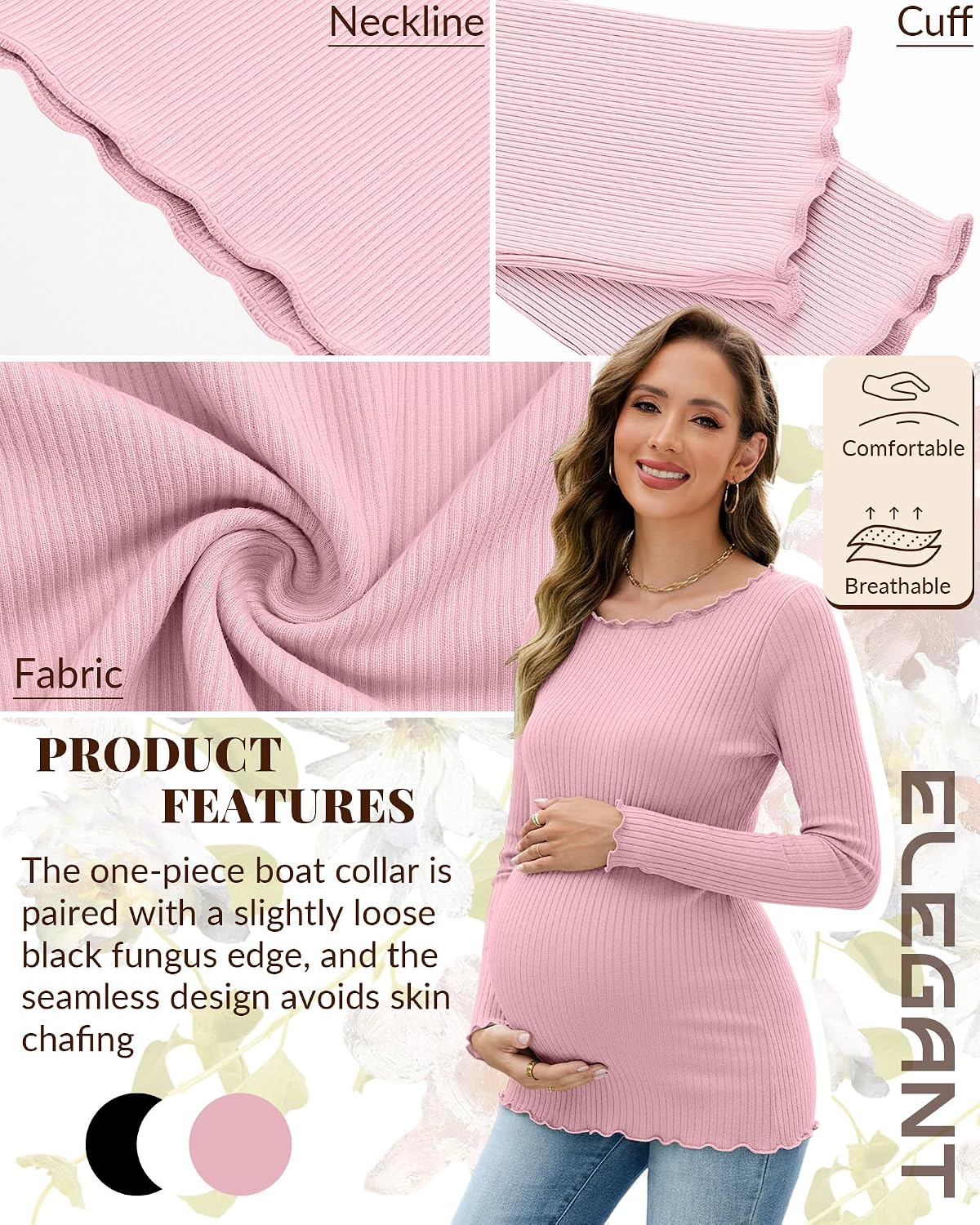 3 Pack Women's Maternity Ribbed Shirts Cotton Long Sleeve Pregnancy Tees Boat Neck Basic Tops Knit Clothes