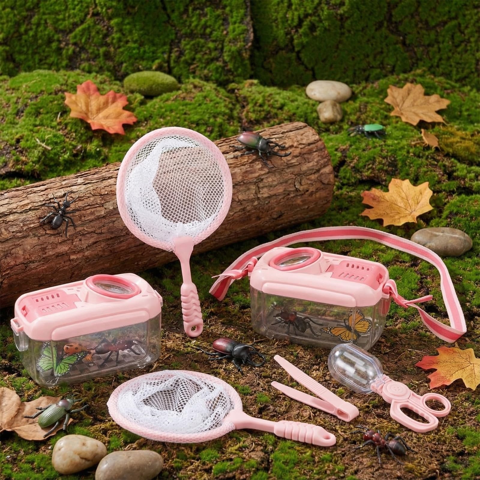 Halloscume 6 juegos de atrapasueños para niños, estudiantes, kit de captura de insectos con casa, red de mariposas, pinzas, contenedor de hábitats de jaula, regalo explorador (rosa, verde)