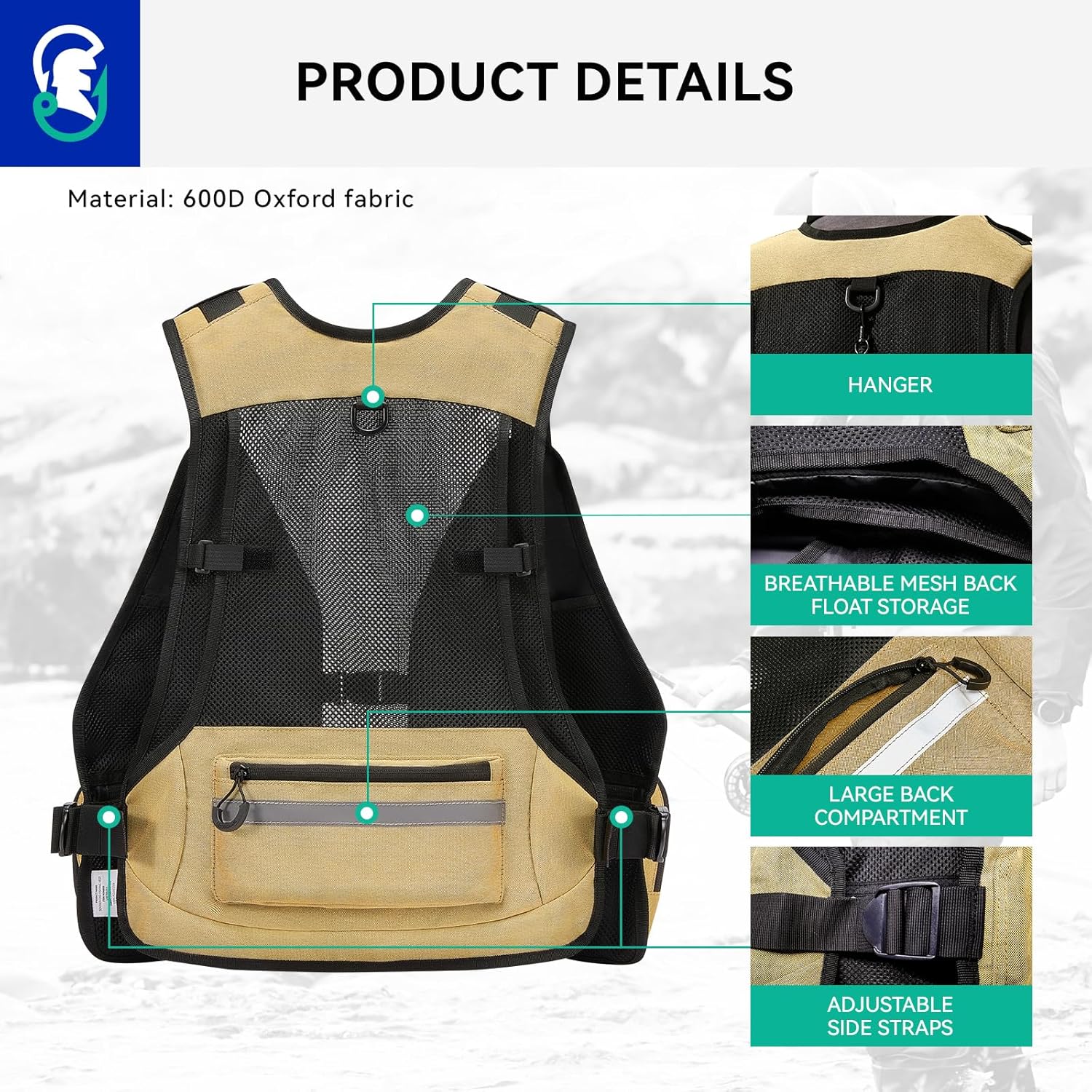 Fly Fishing Vest with Rod Holder and D-Rings - Adjustable Straps, Breathable Mesh Back, Secure Zipper Pockets