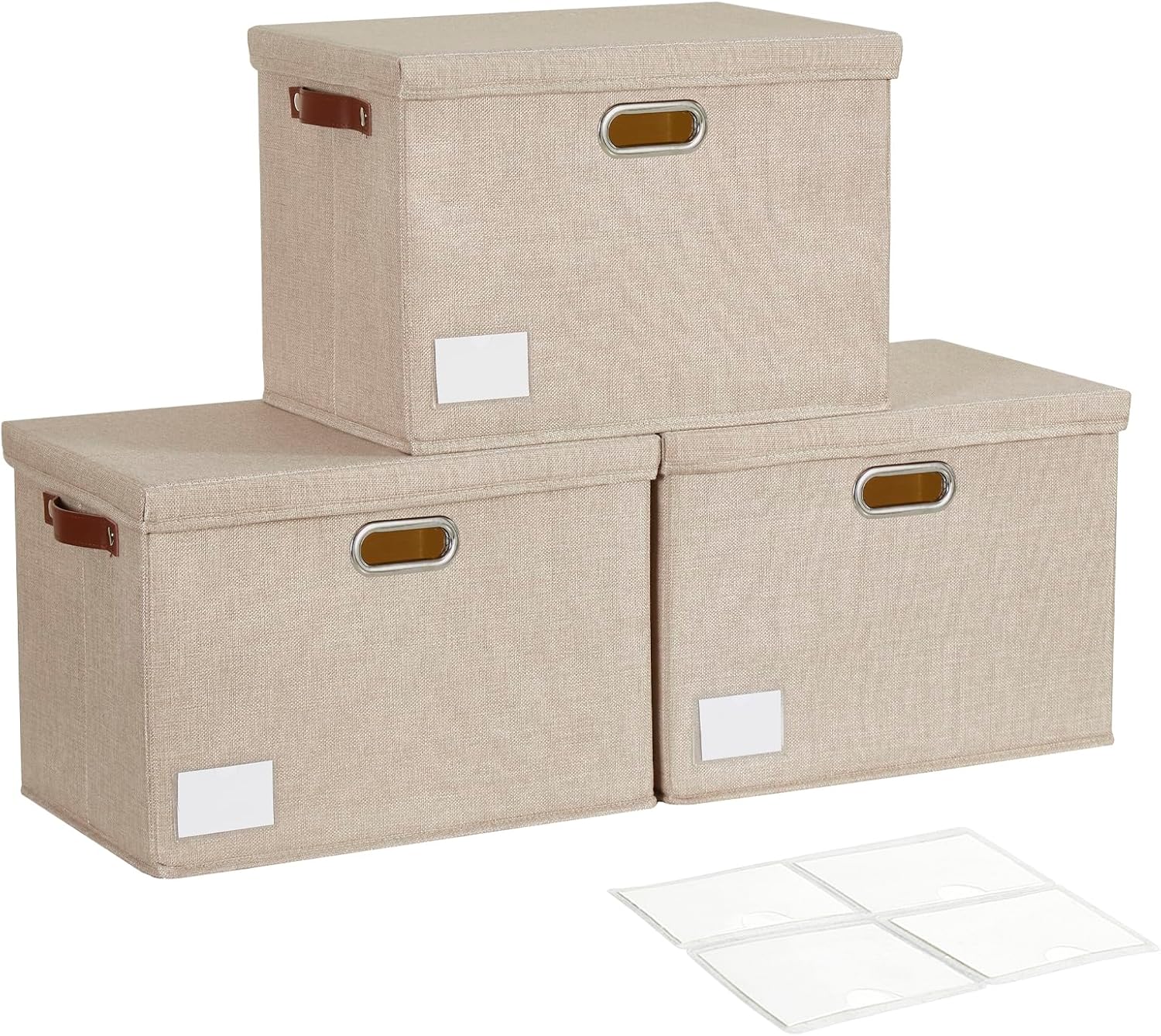 17" Large Collapsible Storage Bins with Lids, Stackable Closet Organizers with PU Handle and Labels, 3-Pack Decorative Fabric Storage Boxes for Home, Bedroom, Closet, Office, Nursery(Navy)