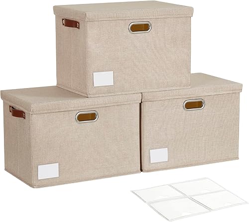 Contenedores de almacenamiento plegables grandes de 17 pulgadas con tapas, organizadores de armario apilables con mango de poliuretano y etiquetas,