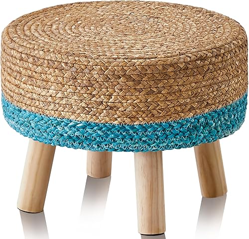 Wimarsbon Puf otomano de 17 pulgadas, reposapiés grande con patas de madera, reposapiés de jacinto de agua natural hecho a mano, mesa auxiliar para