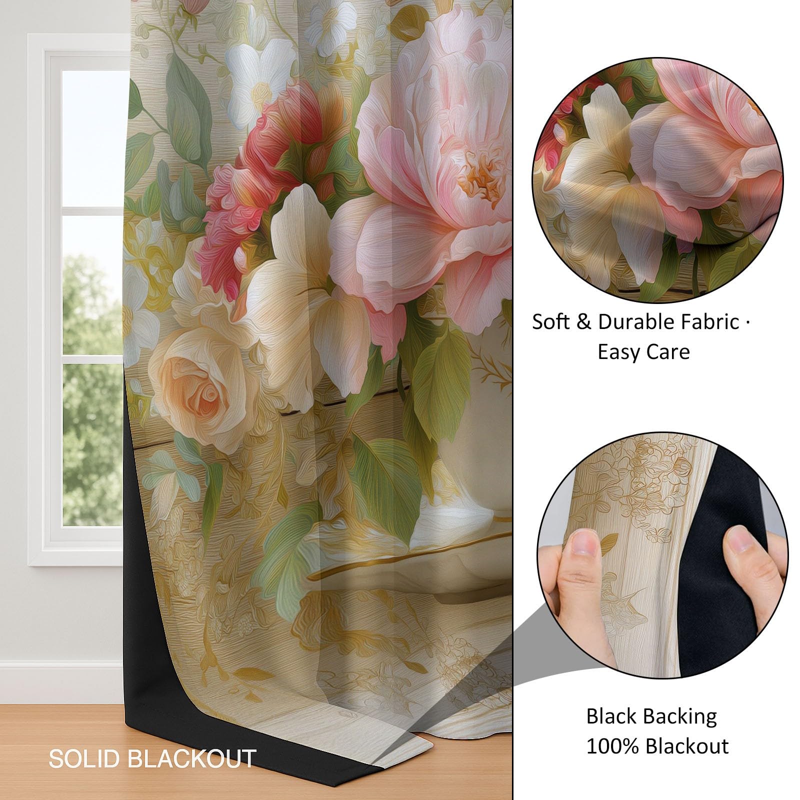 Dziecięca termiczna zasłona zaciemniająca elegancka kwiatowa filiżanka do herbaty 110 x 215 cm zestaw 2 zasłon z nadrukiem do salonu, dekoracji okna, kuchni, do wnętrz, zasłon i zasłon z oczkami