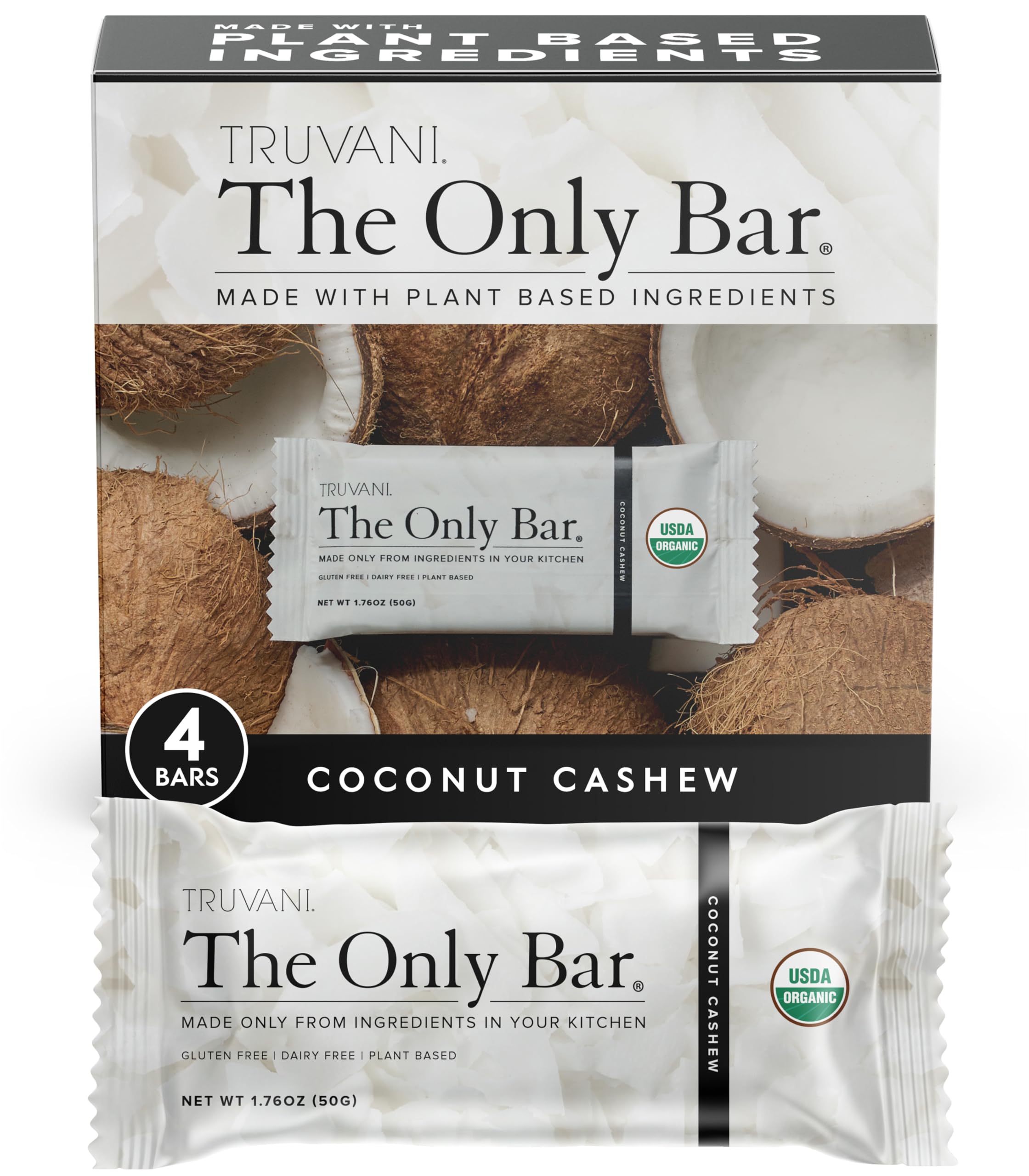Truvani Plant Based Snack Bars | Coconut Cashew 4 Pack | 5g Protein | USDA Organic and Vegan | The Only Bar | Dairy, Soy, and Gluten Free | Individually Wrapped