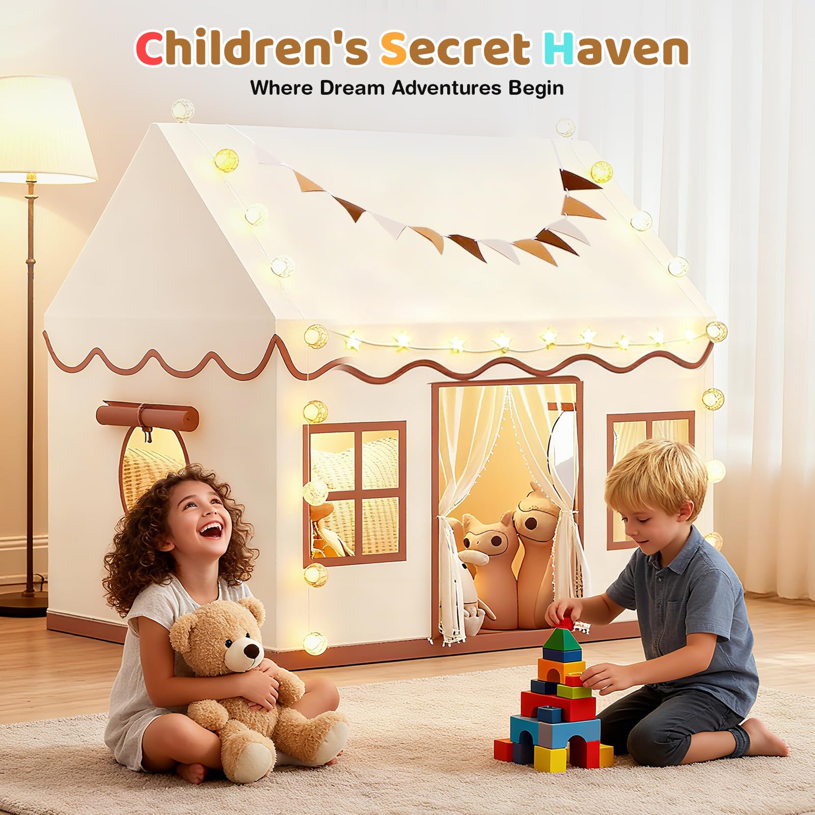 Spielzelte, Kinderzelt Indoor mit LED Lichtern, 125x95x130cm, Geräumiges Spielhaus für Jungen Mädchen ab 3 Jahren mit Weicher Matte & Sternenflagge, ideal für Rollenspiele, Lesen und Verstecken