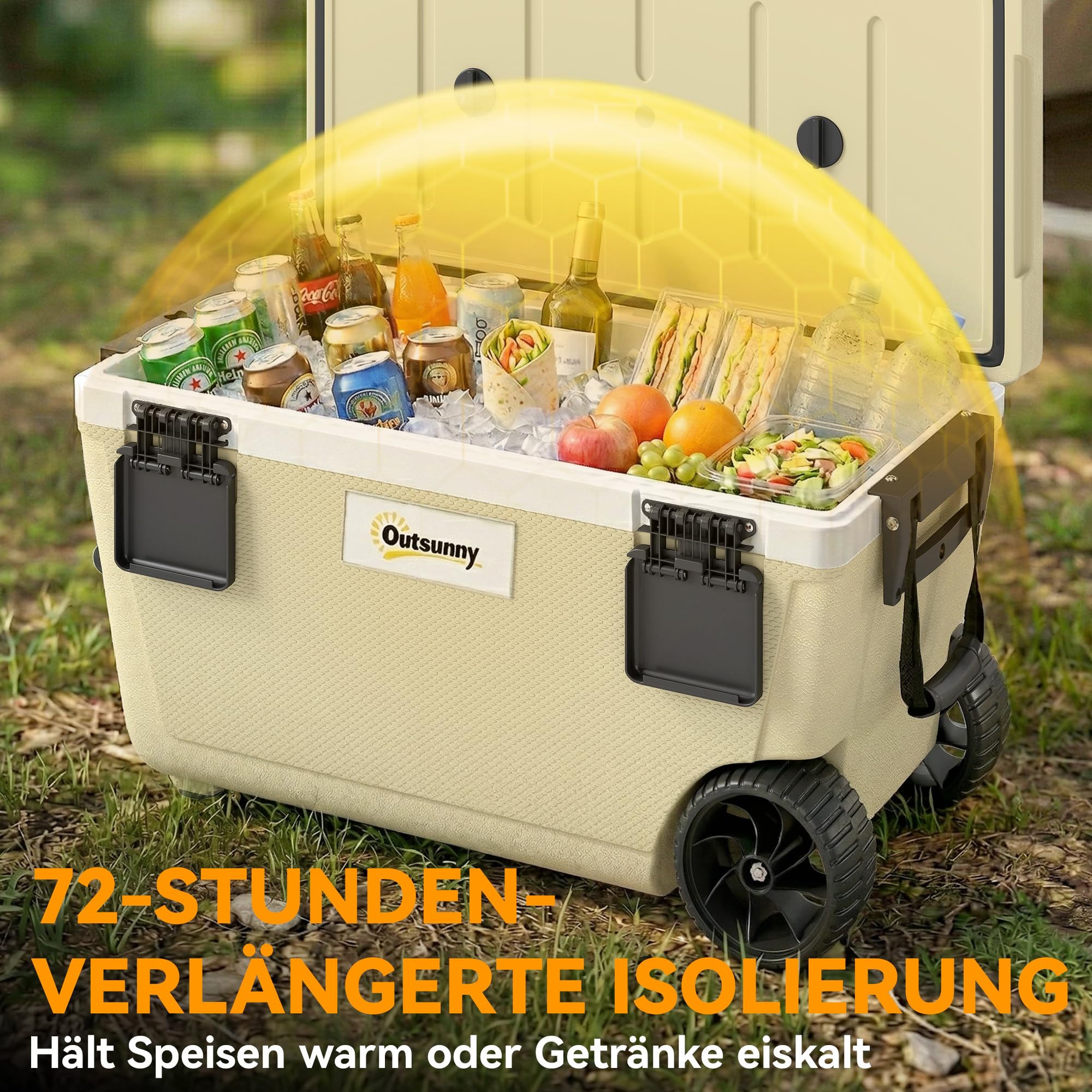 Outsunny Contenitore refrigerante da 70 l, grande contenitore termico passivo fino a 72 ore, con isolamento in schiuma PU, con valvola di scarico, portatile, in plastica, senza corrente, per campeggio