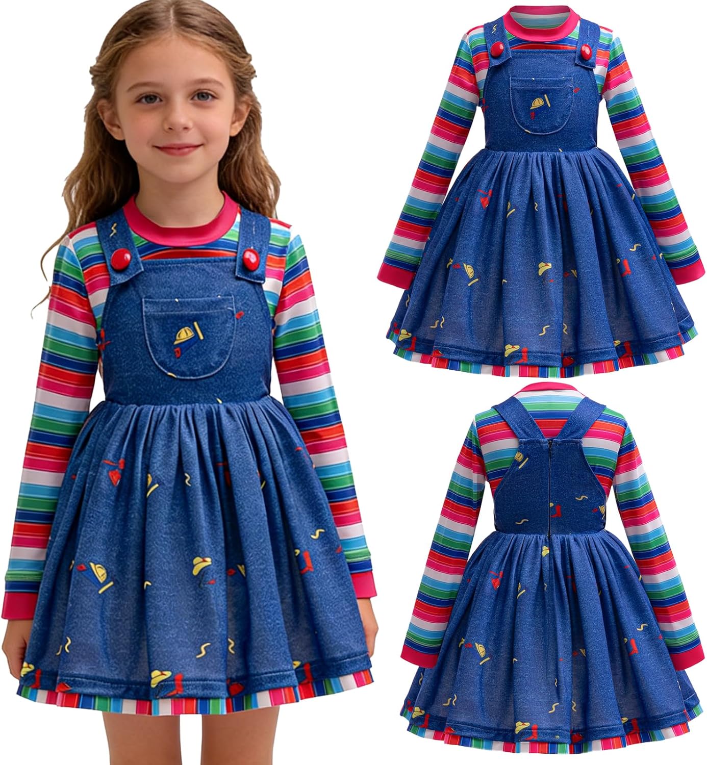 2pcs Blue Denim Dress Costume Toddler Girls Movies Outfit 2t With Striped Top Dress Horror Halloween Cosplay Costume