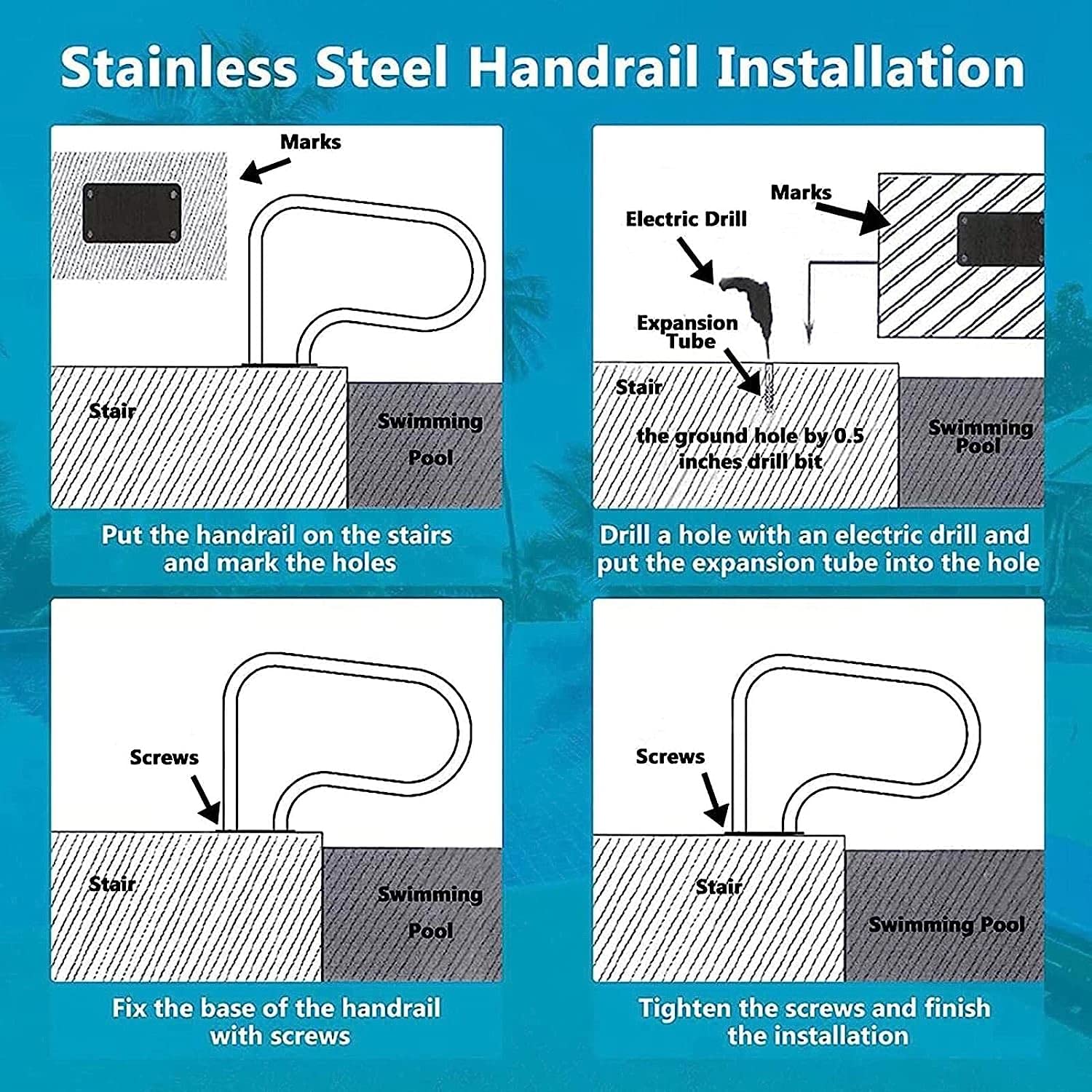 Pasamanos para Piscina, pasamanos para Piscina de Acero Inoxidable 304 con Cubierta para reposabrazos 32 x 22,5 pulgadas/81 x 57 cm