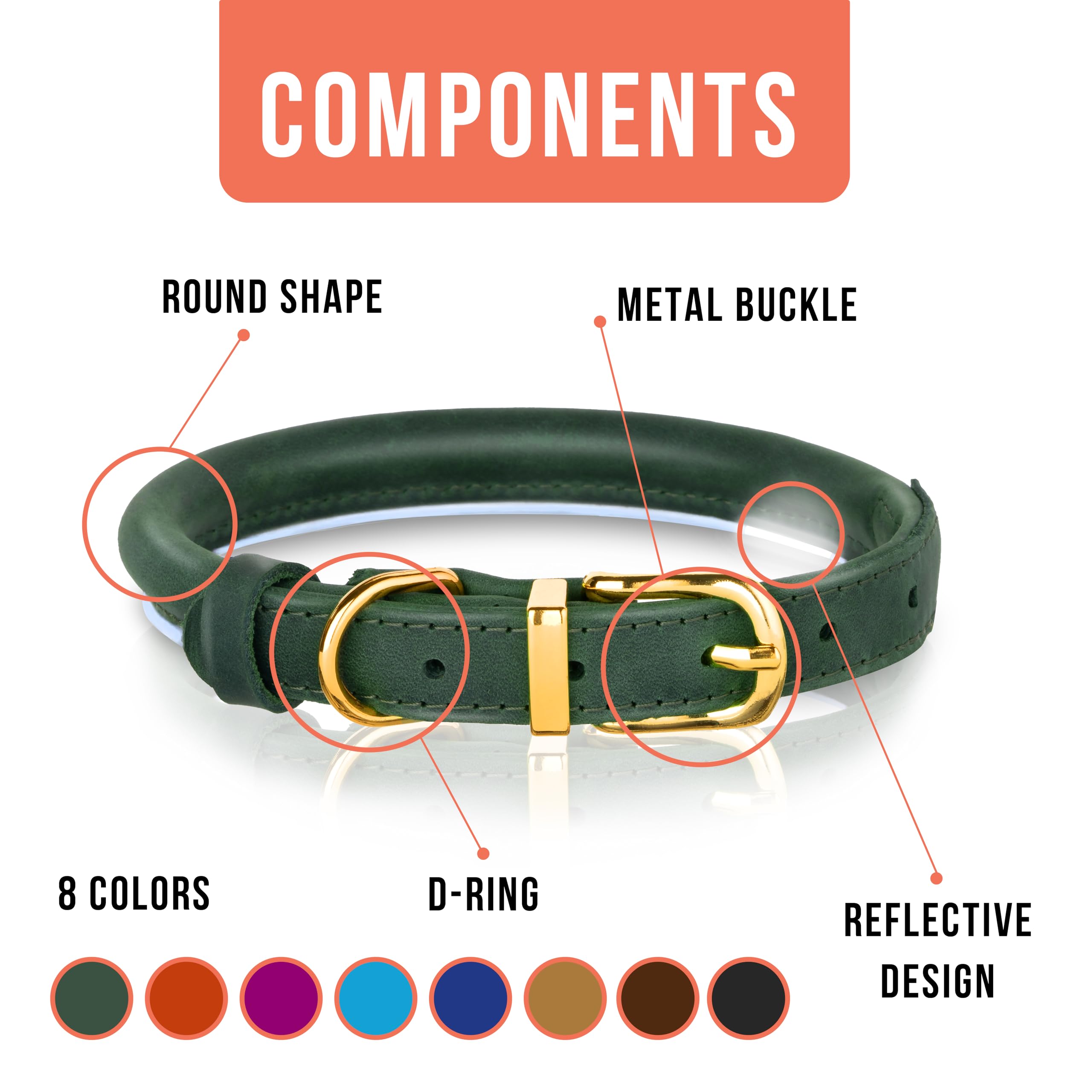 OOPSDOGGY Reflective Rolled Leather Dog Collar for Small Medium Large Dogs Puppy 8 Colors, 7 Sizes (Green, XS, 8"-11") - Image 3
